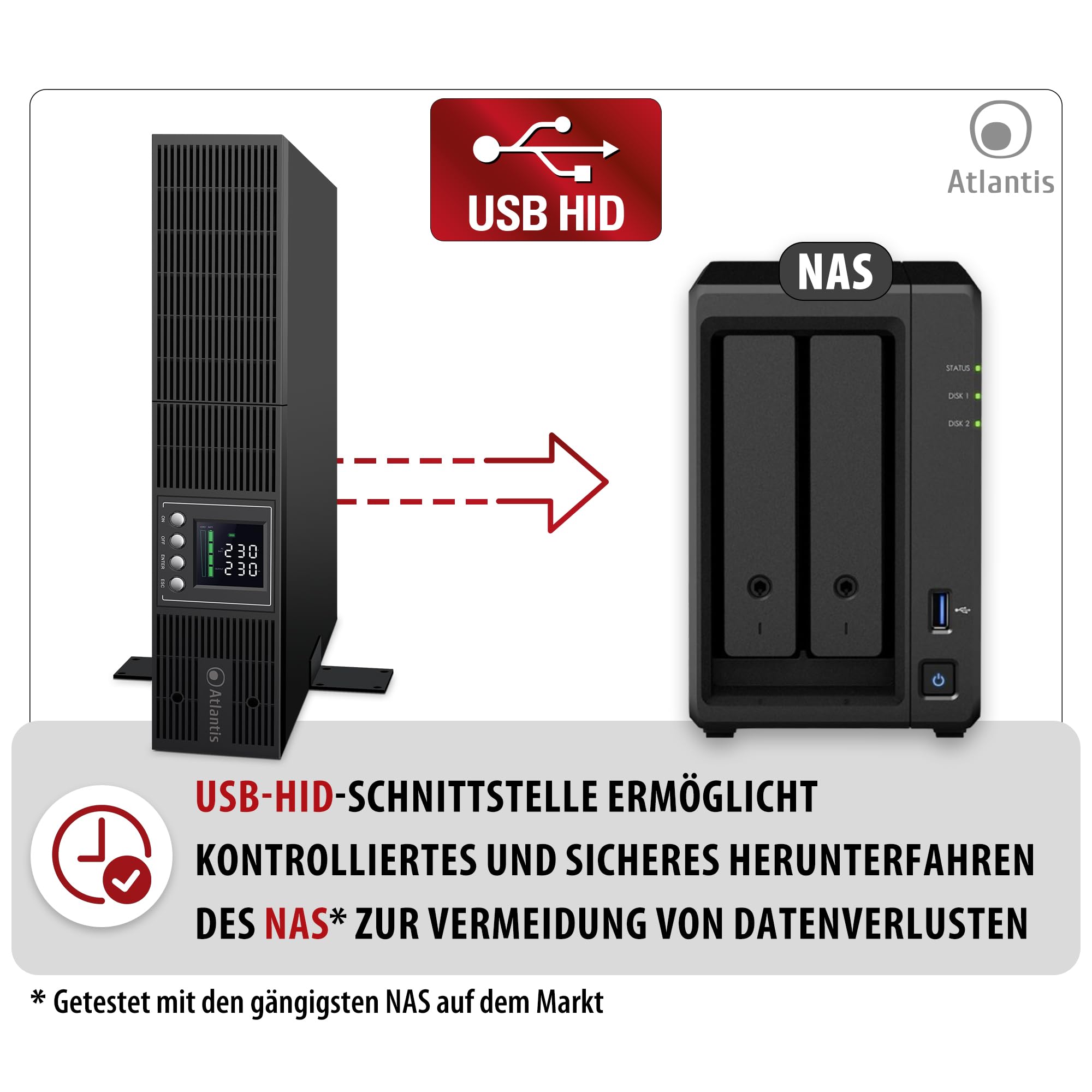 Atlantis A03-OP1302-RC USV OnLine USV Doppelwandlung Reine Sinuswelle 1300 VA 900 W, Server-Rack, LCD-Display, USB, RS-232 seriell, 8 IEC-Ausgänge, SNMP-Steckplatz, 2x12V-9Ah