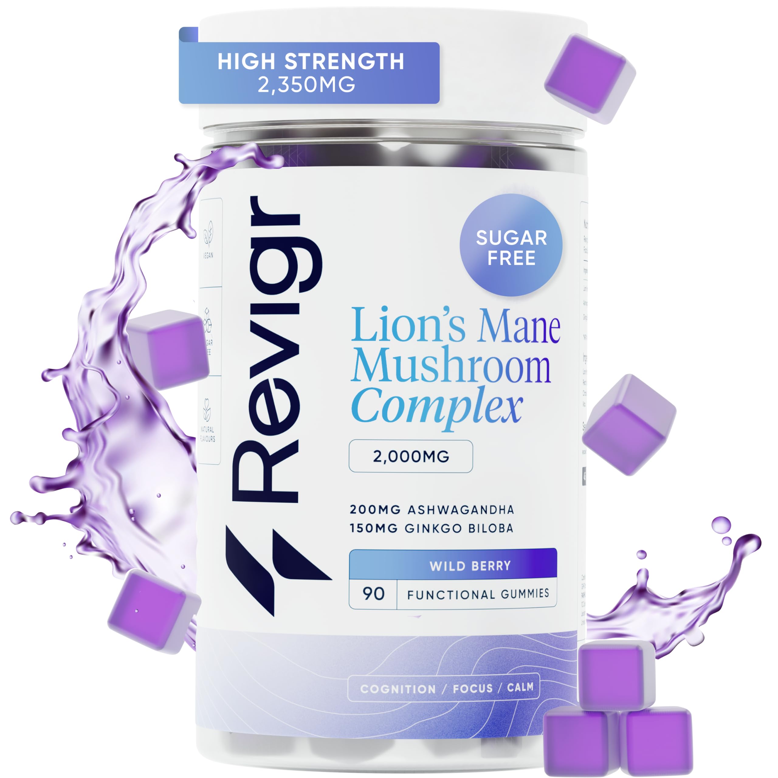 2000mg, 90 Lion's Mane Mushroom Gummies, + 200mg Ashwagandha, + 150mg Ginkgo Biloba, Nootropics for Cognition, Mood, Immunity & Inflammation, Vegan & Sugar-Free, Mixed Berry (45 Days Supply)