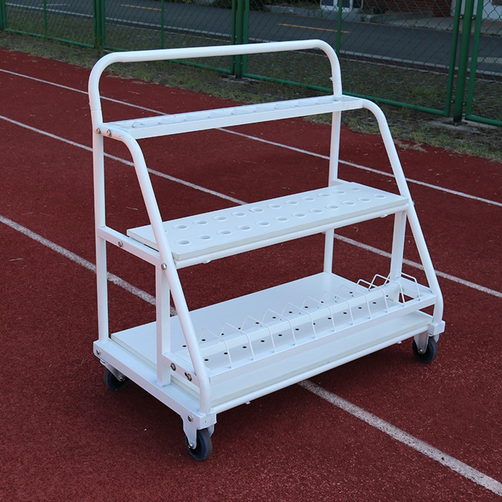 Heavy Duty Sports Throwing Equipment Combo Rack Cart, Mobile Shot Put/Javelin/Discus Storage Rack 3-in-1 Multi-Functional Track Training Equipment Transport Cart with 4 Wheels