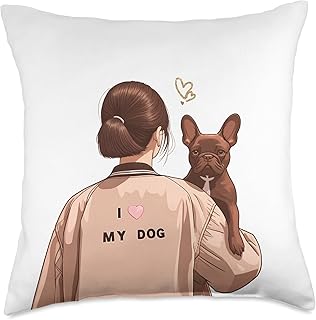 Chocolate French Bulldog Mom Illustration I Love my Dog Back Throw Pillow