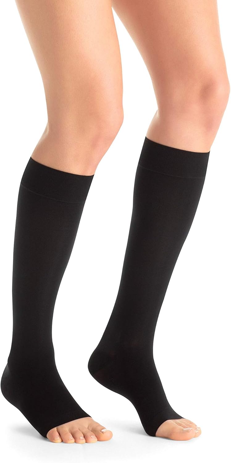 JOBST Maternity Opaque Knee High Compression Stockings, 15-20 mmHg Moderate Support for Aching Legs During Pregnancy, Open Toe, Black, Small