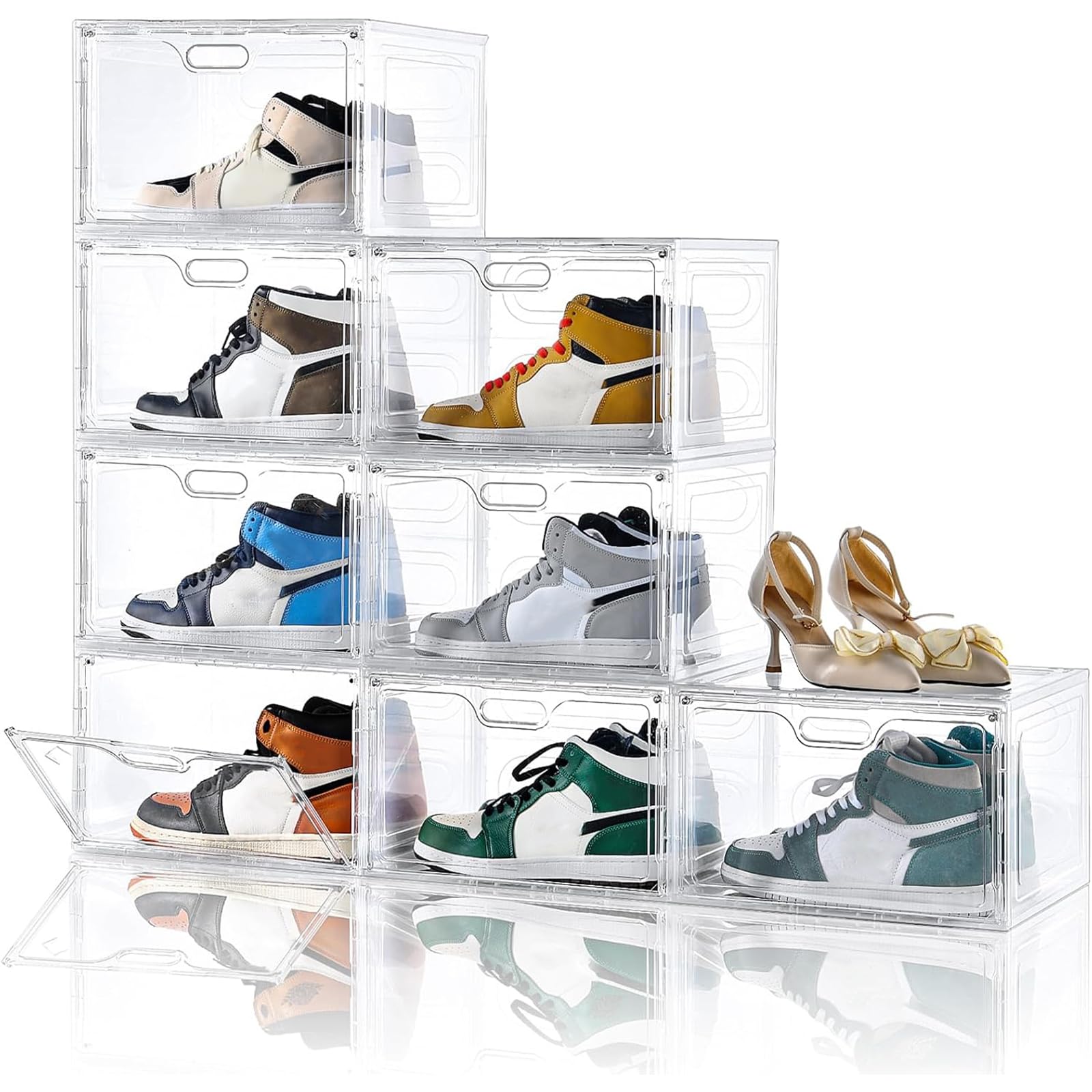 Amllas 8 Pack Shoe Boxes Clear Plastic Stackable, Large Shoe Storage Organizer with Lids,Drop Side Shoe Containers for Entryway,Sneaker Storage Fit up to US Size 13 (13’’x 10.6”x 8.3”)