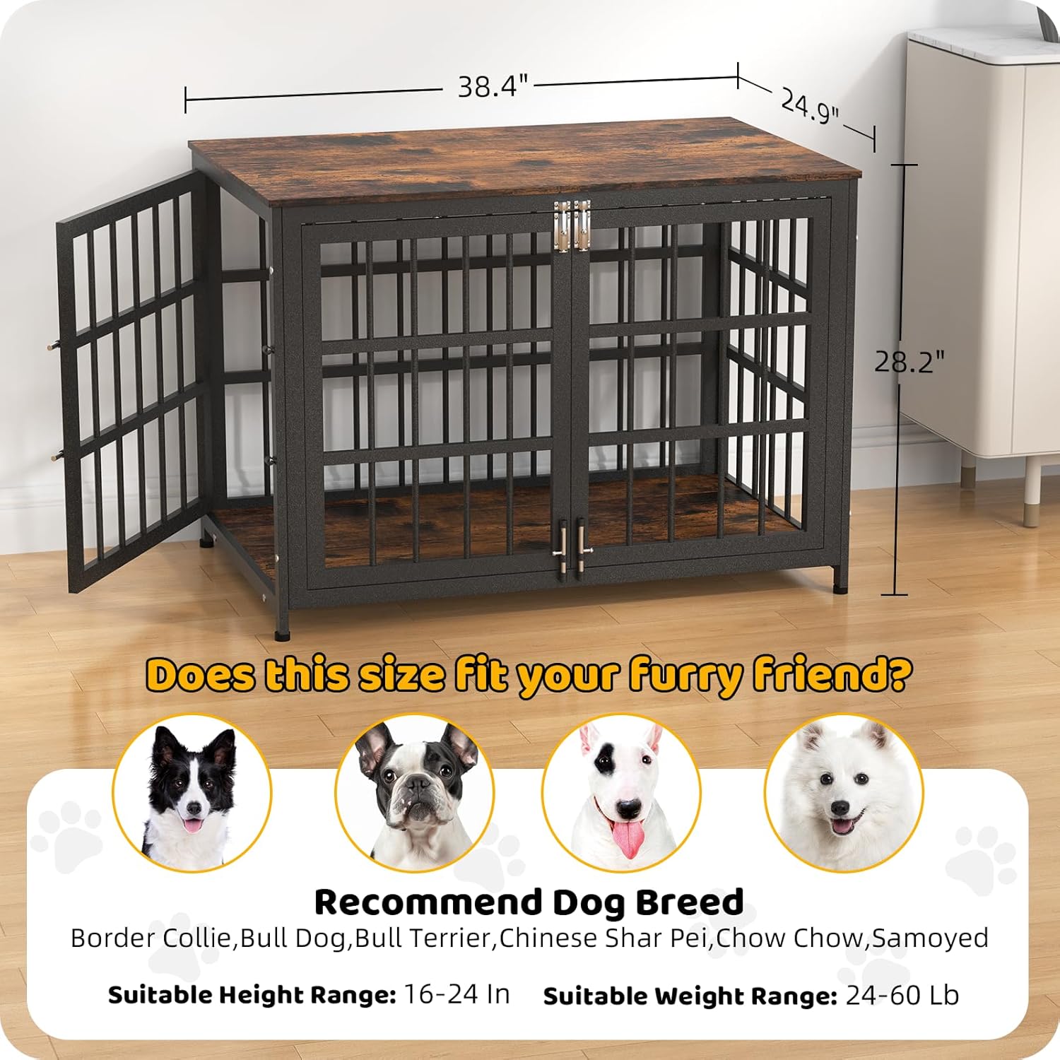 Heavy Duty Dog Crate Furniture 38In, Indestructible Cage for High Anxiety Dogs with Wooden Table for Indoor Decorative, Escape-Proof Locks & Double Door for Medium Large XL XXL Dog, Aged Black
