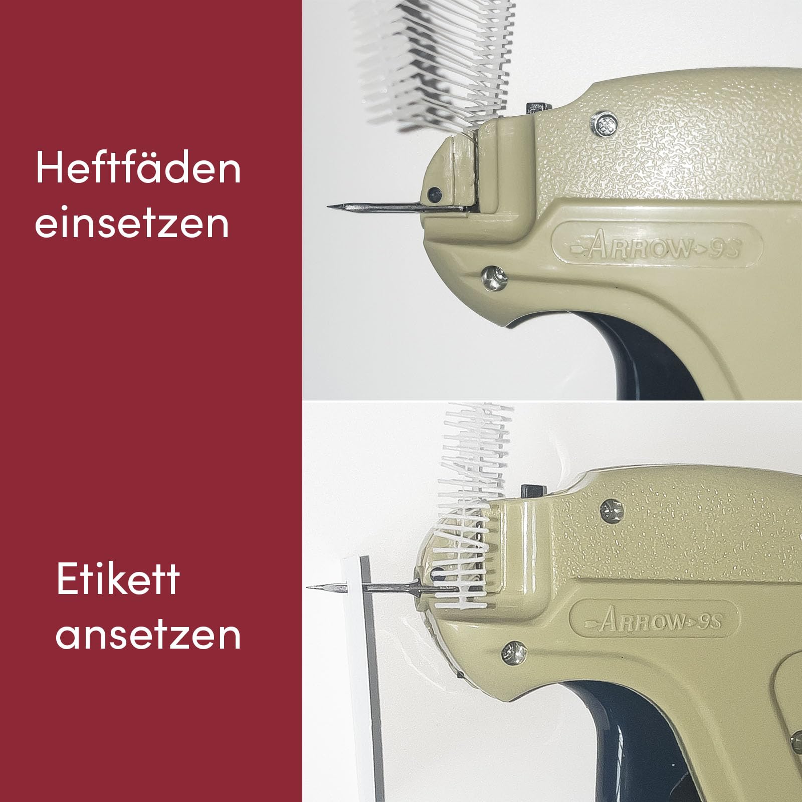 Heftpistole - Etikettierpistole ARROW 9S + 5 Ersatznadeln + 1.000 Kartonetiketten Etiketten 30x45 mm + 1.000 Heftfäden Standard (40mm Heftfäden)