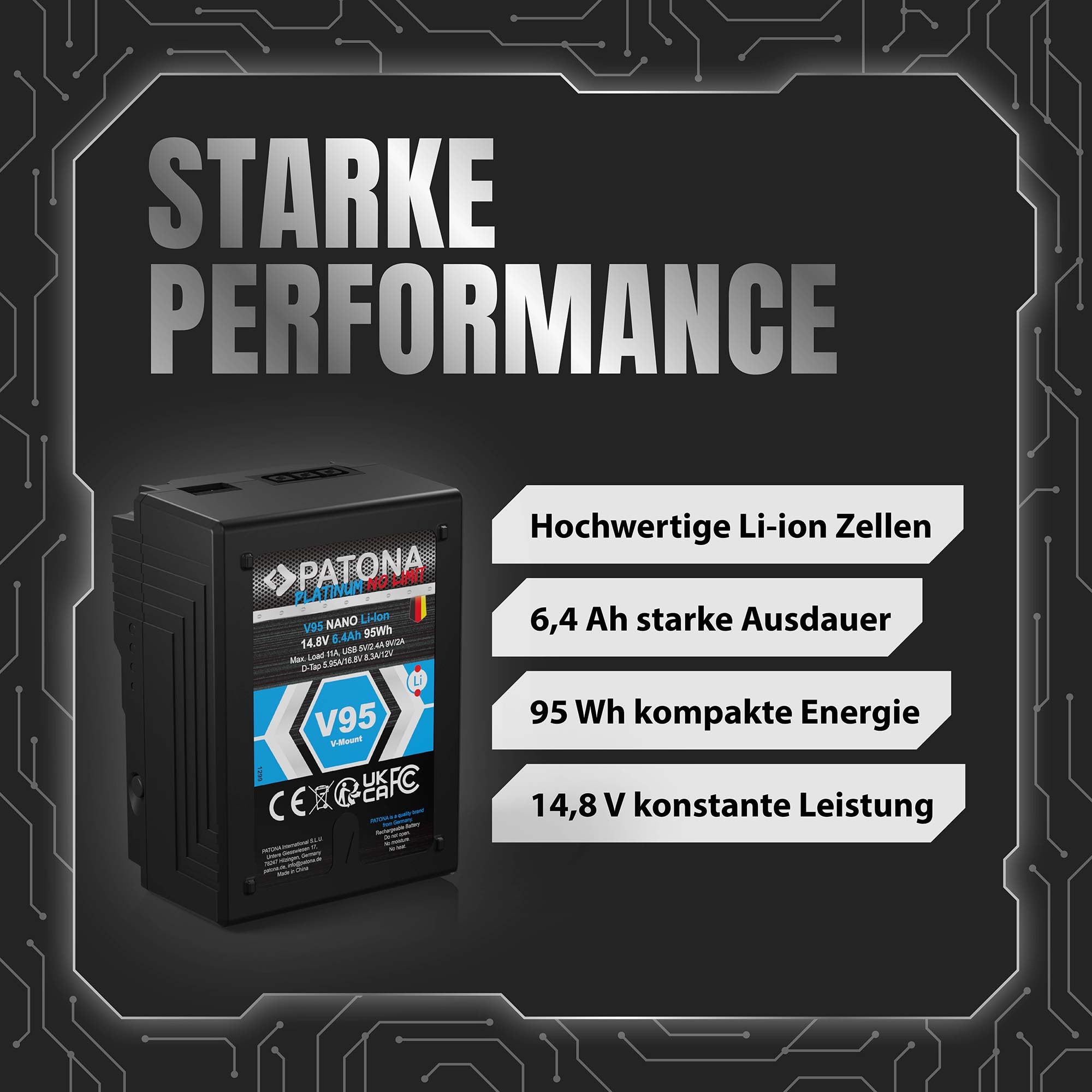 PATONA Platinum Nano V95 V-Mount Akku 95Wh 14,8V 6400mAh mit D-Tap & USB – ersetzt Sony BP-L60 BP-GL95 BP-FLX75 – für DSR-600P 650P, HDW-800P, PDW-850 – kompakte Dauerenergie für Kamera-Rigs