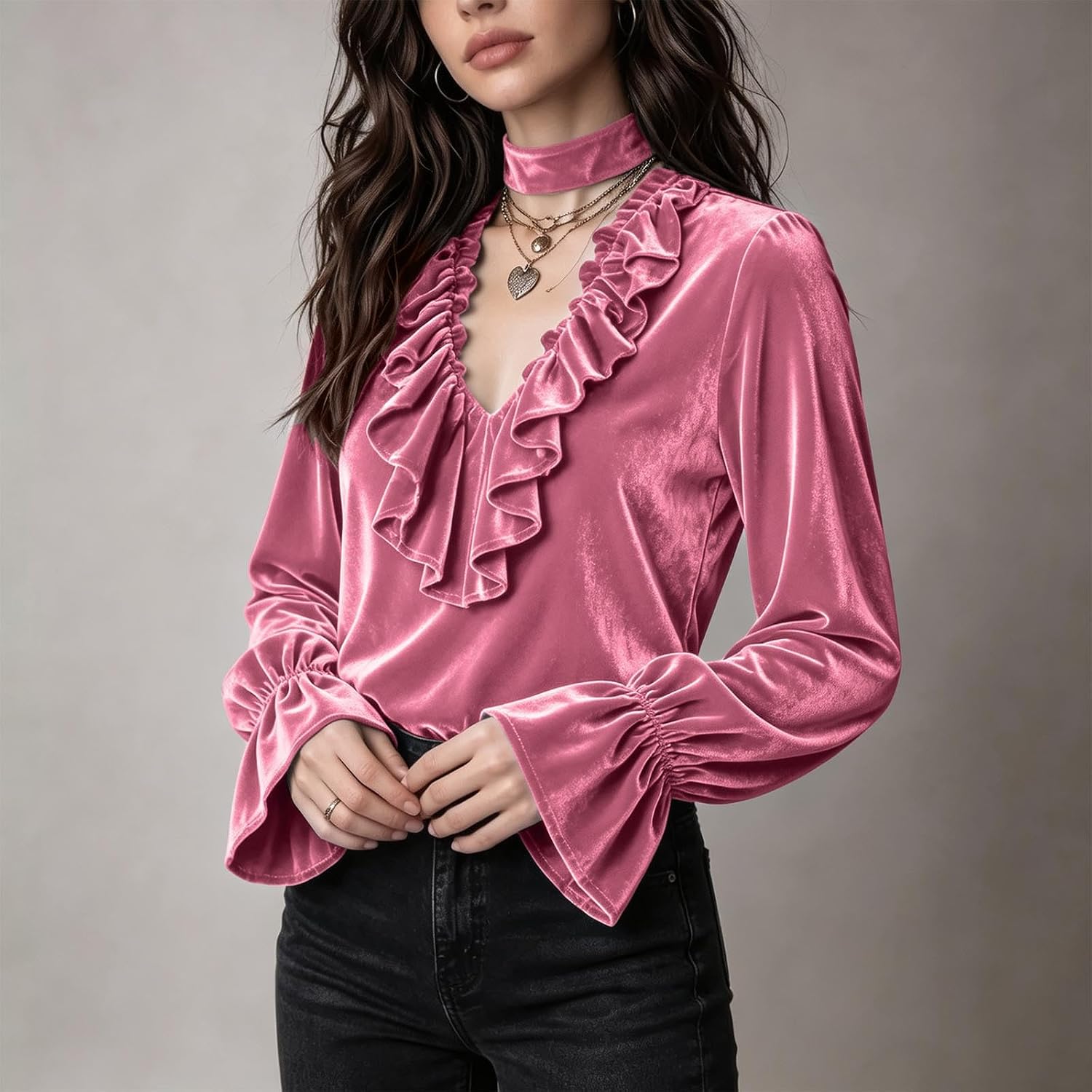 Women's Velvet Choker V Neck Blouse Ruffled Long Sleeve Dressy Top