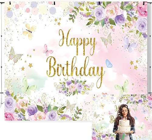 Caaerttply Floral Butterfly Happy Birthday Backdrop Pink Flo