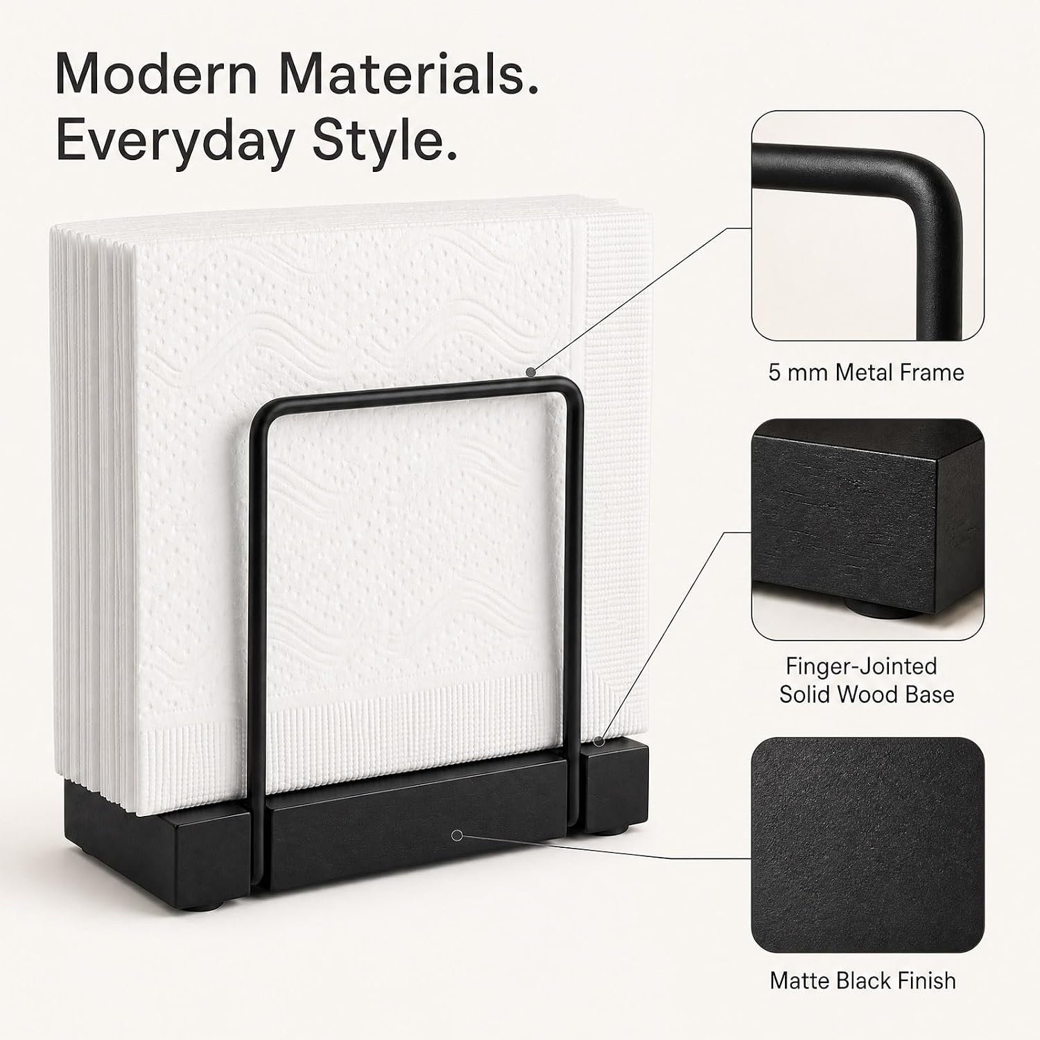 Modern Black Metal Napkin Holders for Table, kitchen with Solid Wood Bases