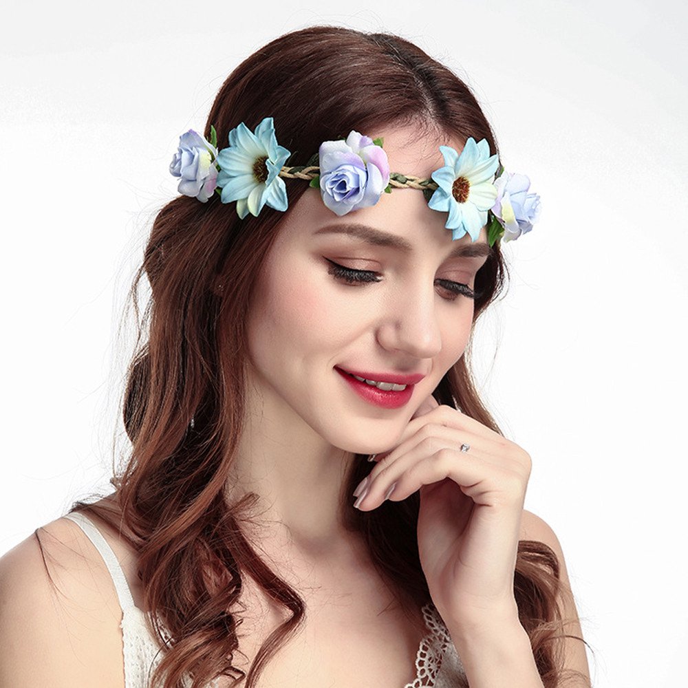 2 Bandeaux Fleur Couronne Boho - Guirlande Rose Et Feuilles - Pour Mariage, Festival (Blanc + Rose)