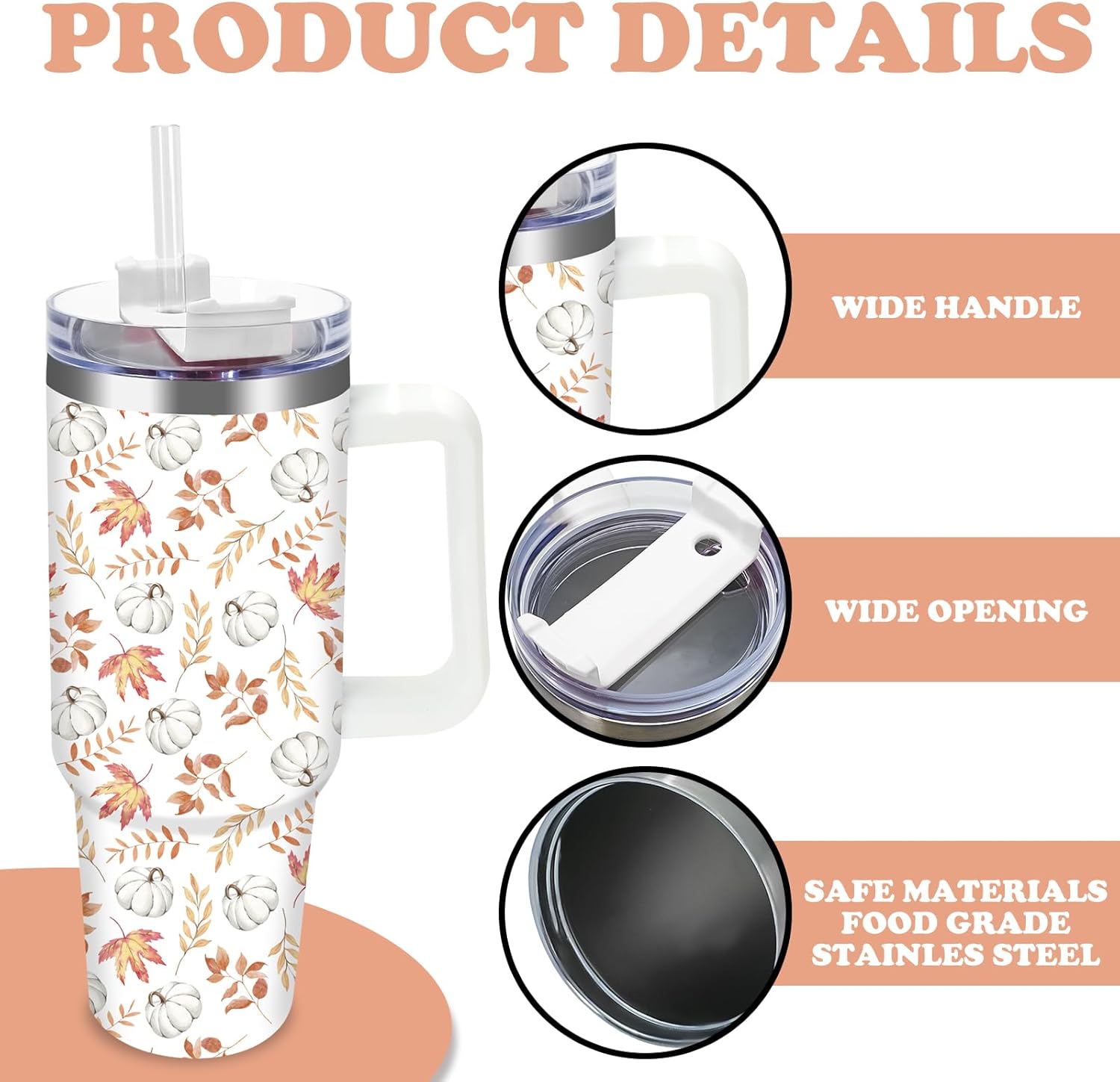 Fall Tumbler with Straw and Lid White Pumpkin Leaves Stainless Steel Travel Coffee Tumbler Cup with Handle for Autumn Thanksgiving Party Home Office Supplies - Image 3