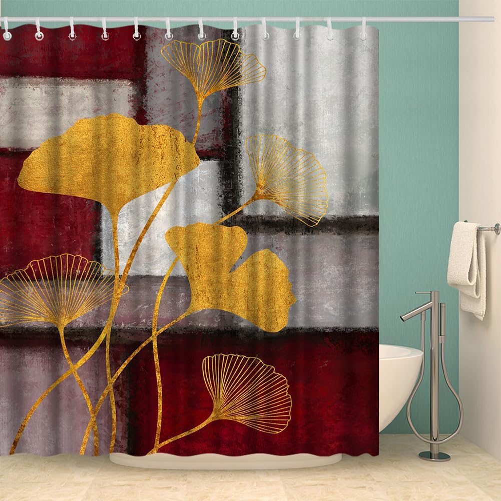 Burgundy and Gold Bathroom Sets with Shower Curtain and Rugs 72x72inches