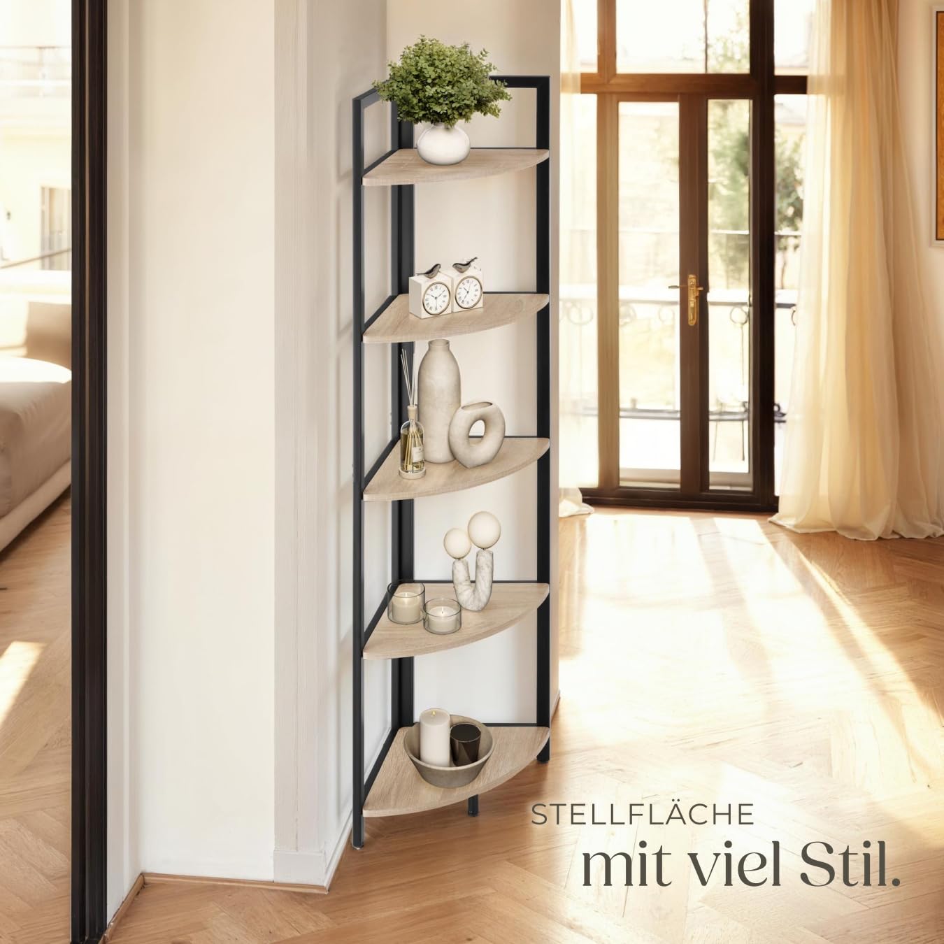 tectake® Eckregal stehend, Nischenregal mit 5 Ebenen, Wandregal Holz, Industrial Bücherregal, Eckschrank, Leiterregal, Zimmer Deko, 30 x 30 x 150 cm - Industrial Holz hell, Eiche Sonoma