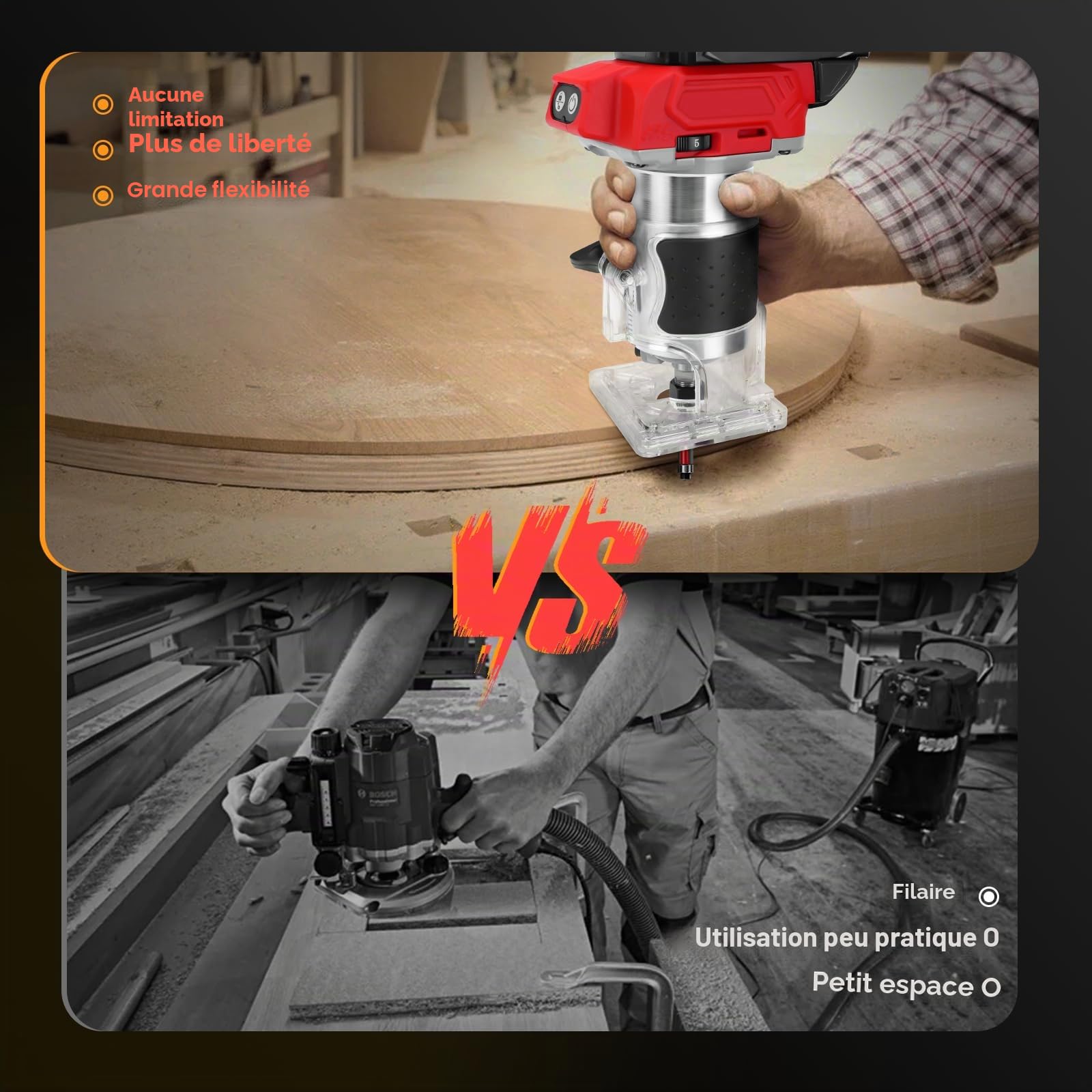 Défonceuse sans fil compatible avec batterie Milwaukee 18 V, 800 W sans balais avec 5 vitesses, 30 000 tr/min, 5 routeurs à col enfichable 1/4" pour le travail du bois, la coupe (sans batterie)