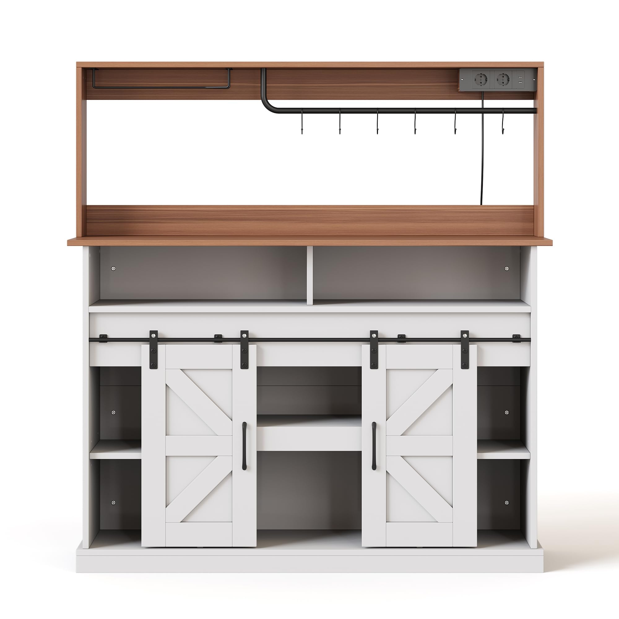 120 cm Lange Kaffeebar mit Gläserhalter und Steckdosen (2×AC, 2×USB), Sideboard mit Stauraum, Sideboard im Landhausstil für Küche/Wohnzimmer mit Schiebetüren