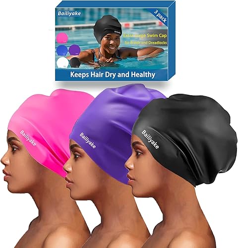 Paquete de 3 gorros de natación extra grandes para trenzas y rastas, gorro de natación de silicona impermeable para mujeres con cabello largo y