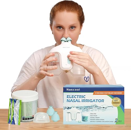 Sistema de riego nasal con 50 paquetes de solución salina, recolección de residuos automáticos, modos duales (blanco)