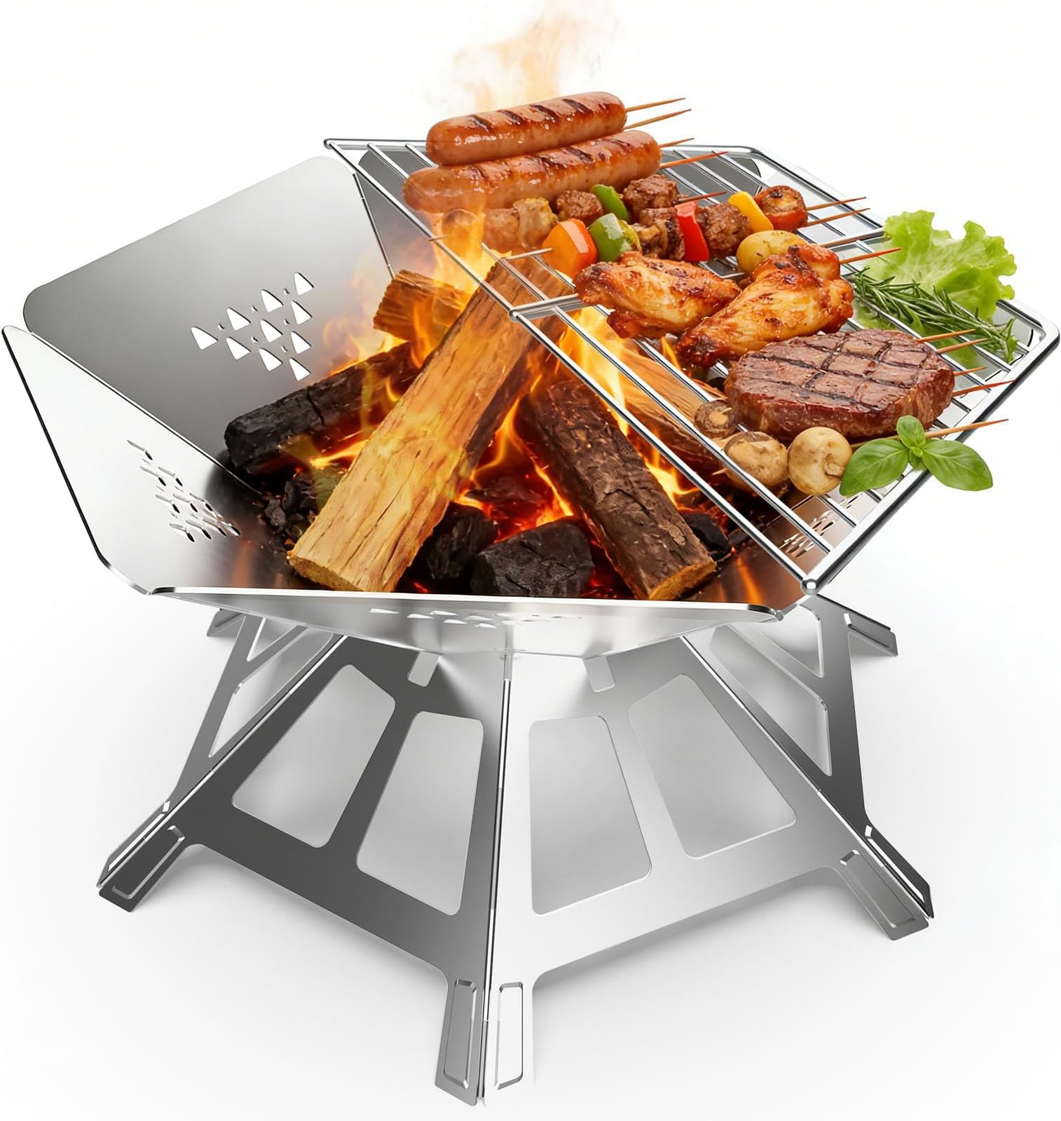 Portable Fire Pit for Garden BBQ Camping Essentials Equipment,Collapsible 304 Stainless Steel Bbq Camping Stove Grill Firepits for Outdoors Picnic Terrace Camping Campfire Bonfire BBQ Barbecue PatioXL