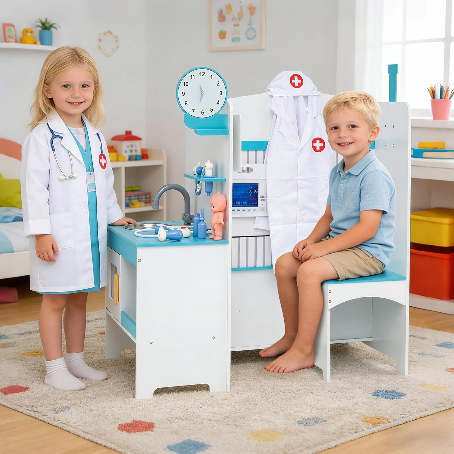 HONEY JOY Kids Wooden Doctor Play Set, Checkup Medical Office Center & Vet Clinic Station, CT Machine & Interactive Accessories, X-Ray, Toddler Pretend Hospital Playset Kit (Washing Blue)