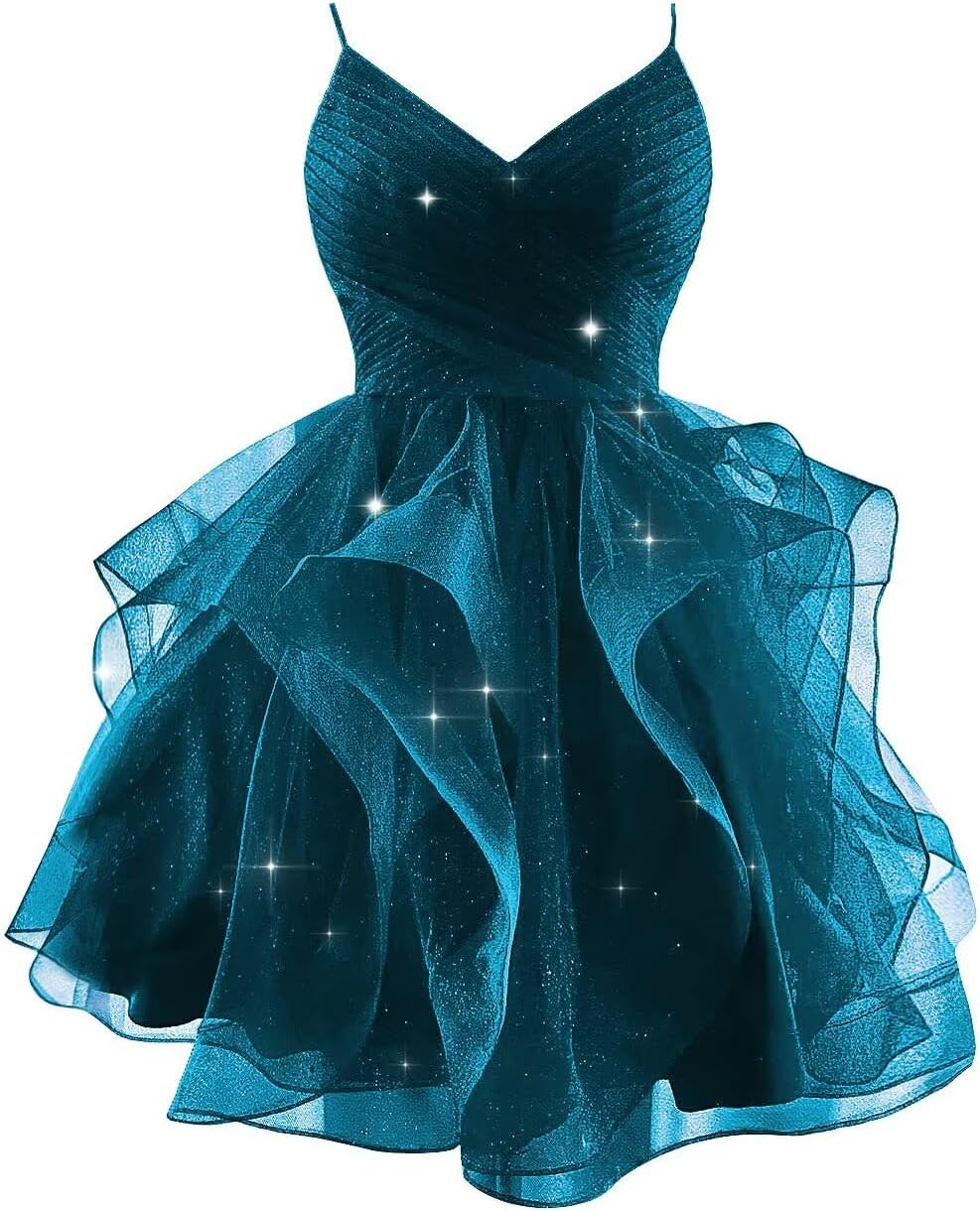 Sparkly Tulle Homecoming Dresses for Teens Spaghetti Strap Tiered Short Prom Dress V Neck Cocktail Party Gown