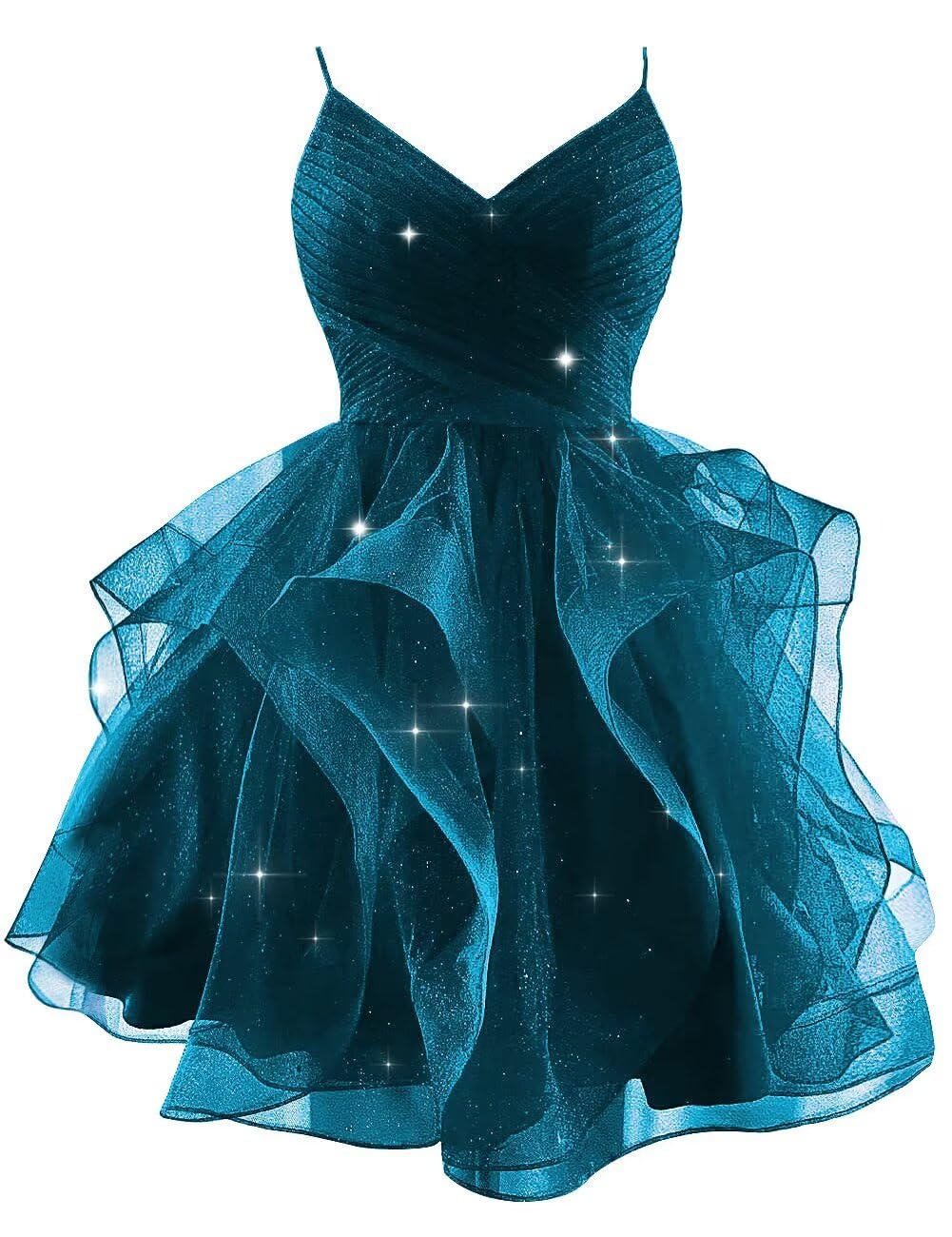 Sparkly Tulle Homecoming Dresses for Teens Spaghetti Strap Tiered Short Prom Dress V Neck Cocktail Party Gown