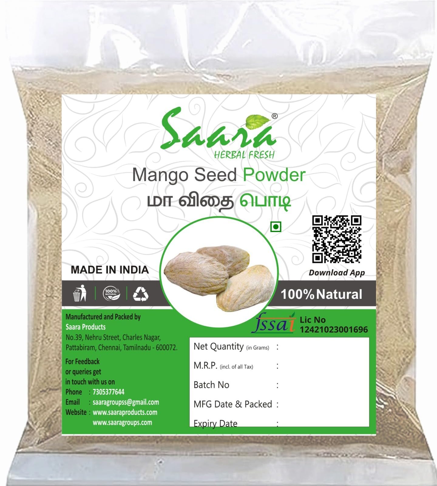 Saara HERBALFRESH Mango Seed Powder, 150g, Aam Beej, Maa Kottai, Aam Guthli Seed Powder, 150g(Pack of 1 X 100g, Pack of 1 X 50g) (B099N131XS) Amazon Price History, Amazon Price Tracker