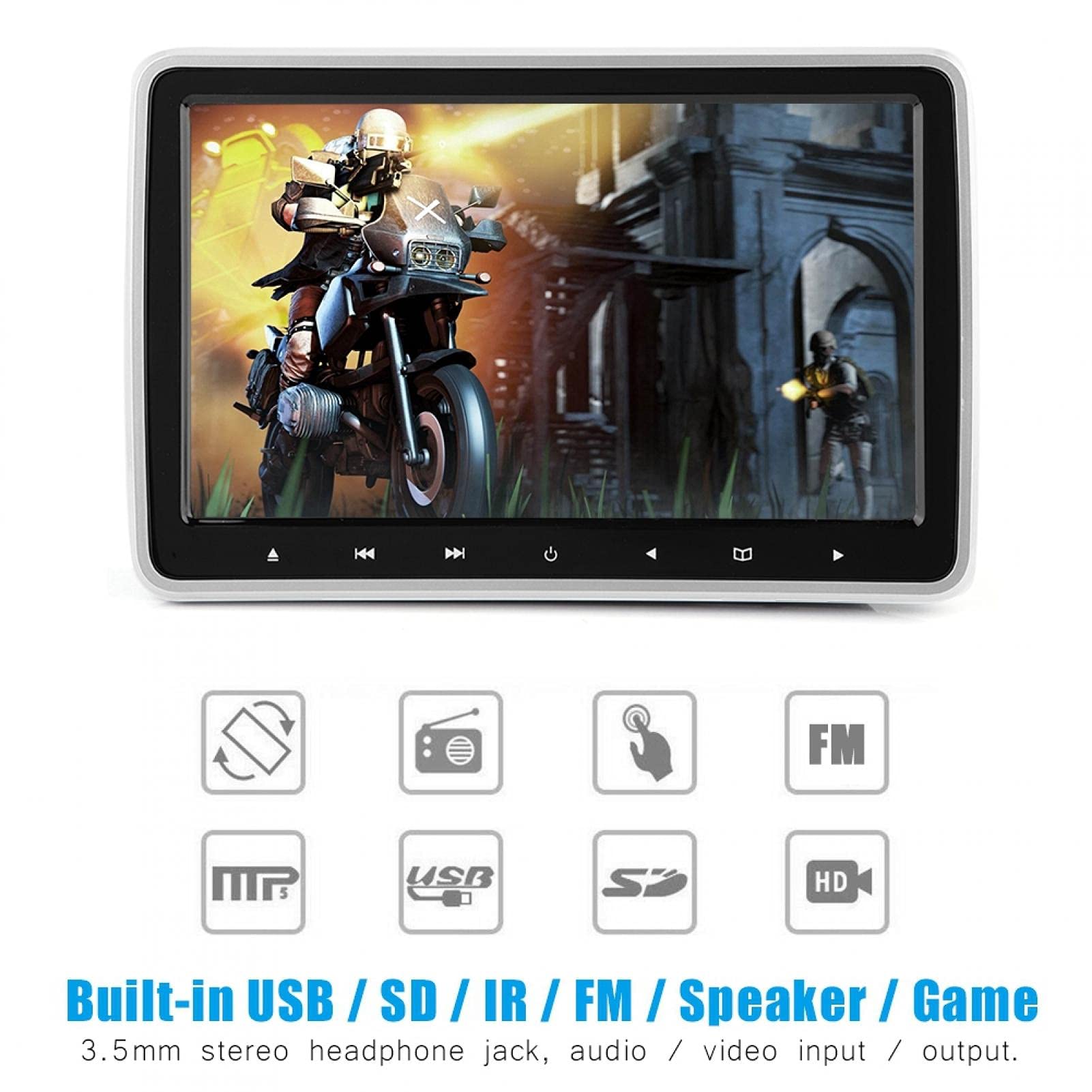 Monitor de reposacabezas, 10.1in 16: 9 TFT HD Reposacabezas de coche Reproductor de DVD Monitor de almohada digital portátil con clip Auriculares estéreo de 3,5 mm