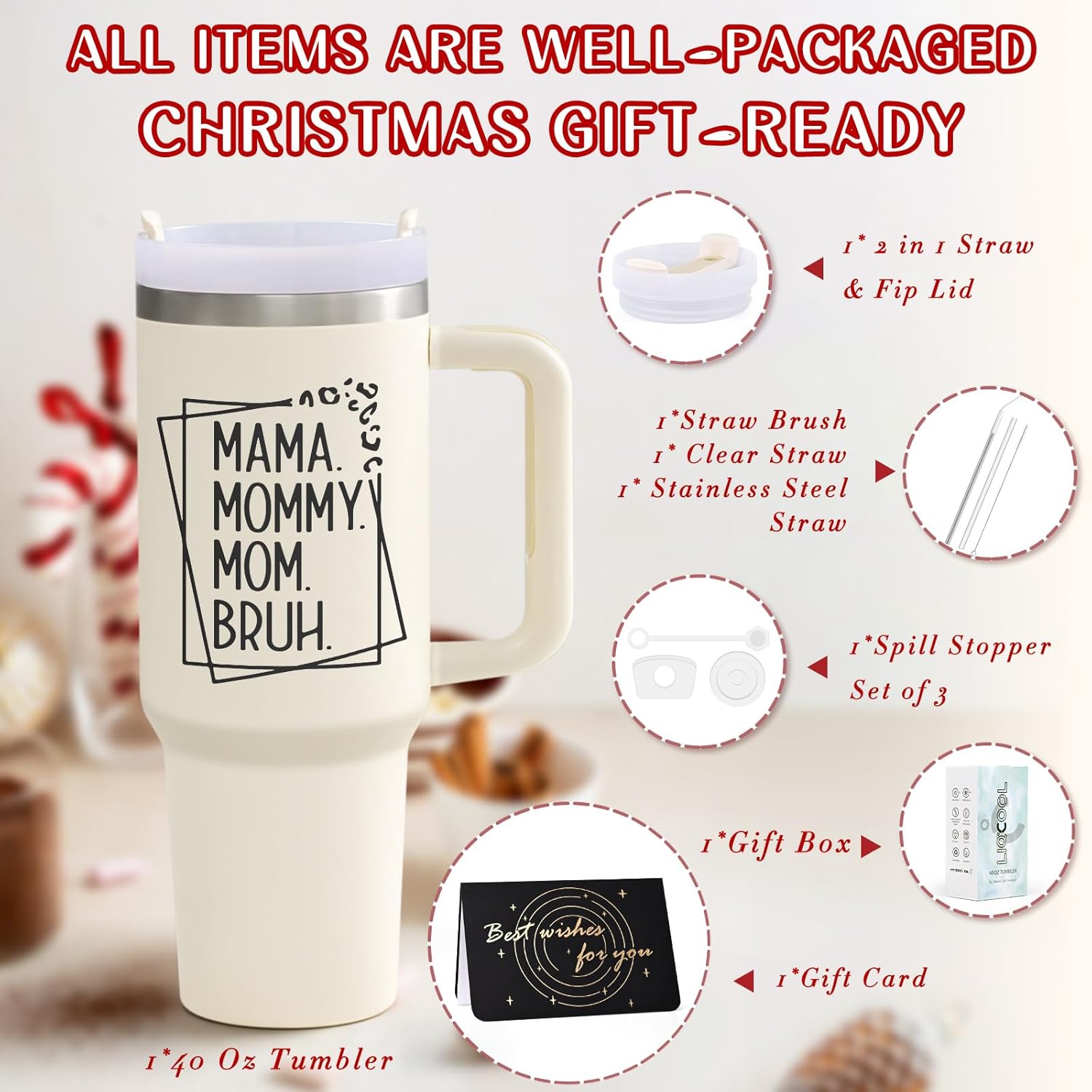 LiqCool Mama Mommy Tumbler with Handle - 40 Oz, Funny Mom Gifts for Birthday, Mother's Day & Christmas - Image 4