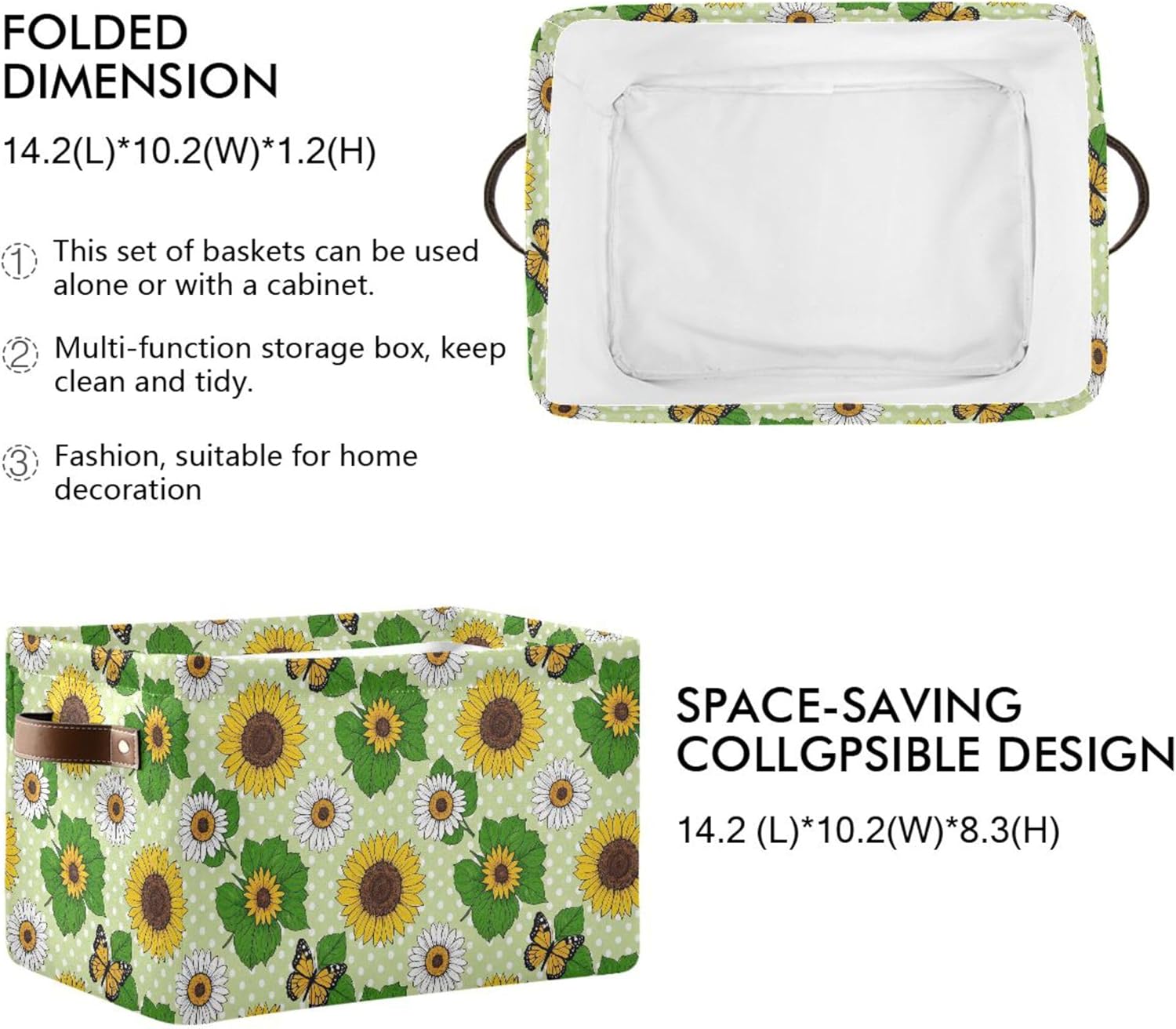 MNSRUU Storage Basket Daisies Sunflowers Polka Dots Collapsible Organizer Basket for Shelves with PU Handles, Decorative Waterproof Nursery Laundry Storage Cubes Bins, 2 Pack