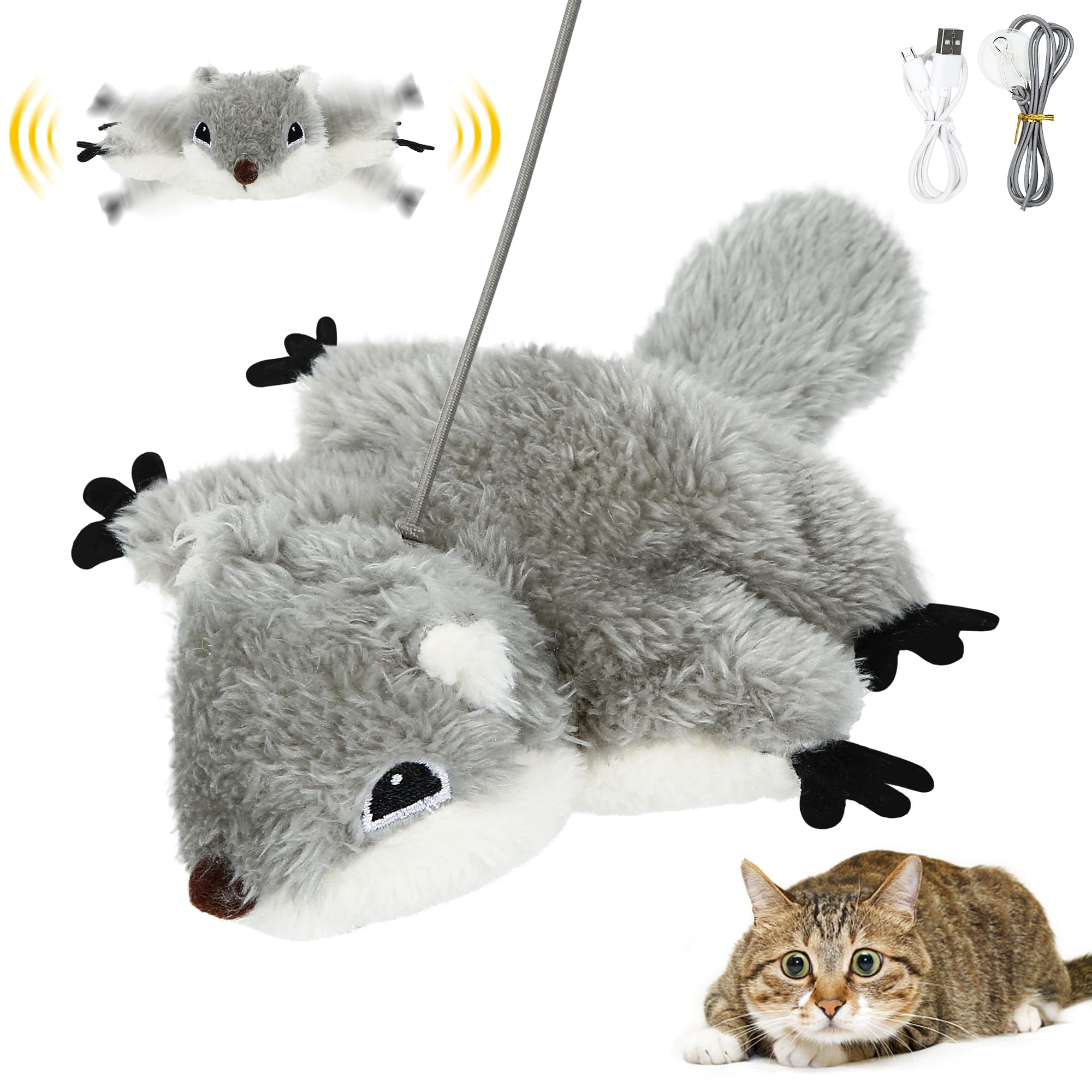 Iokheira Juguetes para Gatos Interactivos, Eléctrico Lavable Automático Juguete para Gatos, Juguete Gatos Adultos Movimiento Ardilla con Hierba Gatera, Carga USB Diseño Suspendible (Gris)