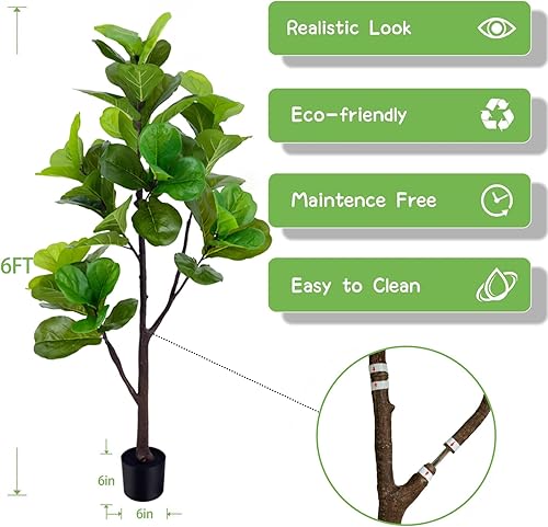 Miniatura 5 de Higuera artificial de hoja de violín de 5 pies, árbol de hoja de higuera falsa con maceta de plástico para el hogar, oficina, sala de estar, plantas