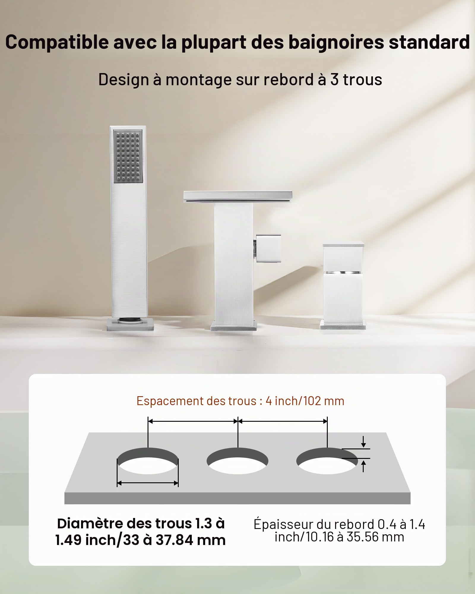 VEVOR Mitigeur de Baignoire Romaine, Robinet de Bain 3 Trous, Cascade, avec Pommeau de Douche et 1 Poignée, en Acier Inoxydable Brossé, à Large Ouverture, pour Lavage des Animaux, Salle de Bains
