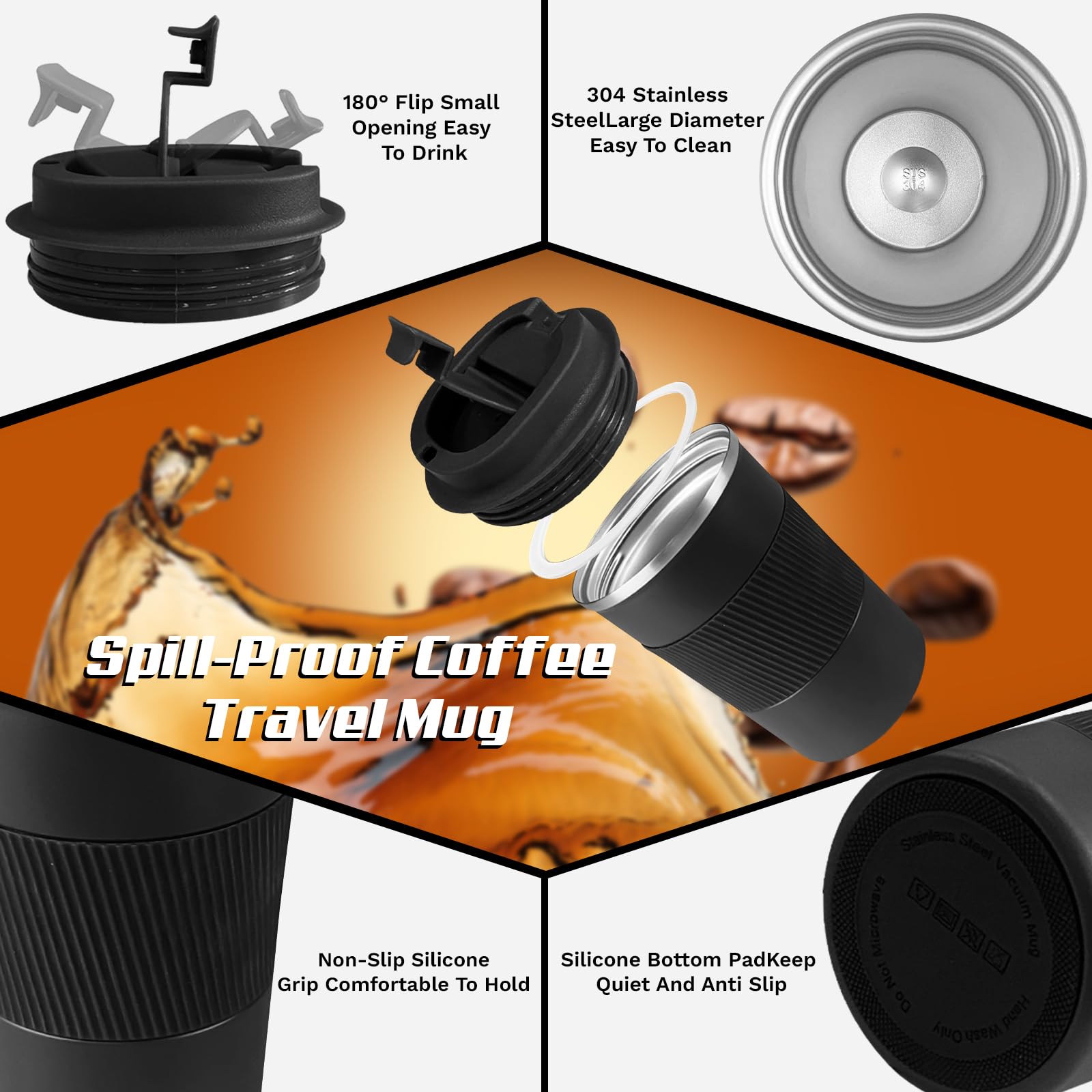 Insulated Coffee Cup with lid,Travel Coffee Mug Leak Proof,Reusable Stainless Steel Vacuum Thermos Coffee tumblers,Thermal Insulation Cups for Men and Women hot and Cold Drinks (3rd-Black - Image 2