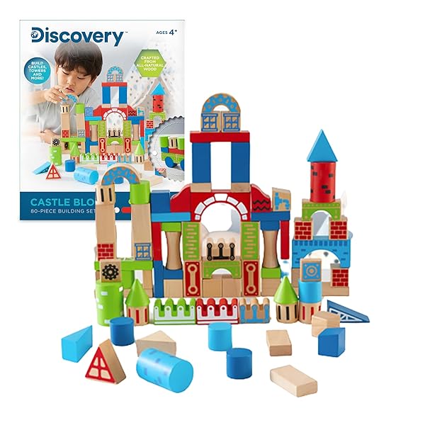 Discovery™ Wood Castle Blocks 80-Piece [Amazon Exclusive] Natural Wooden Building & Stacking Set, Imagination & Creativity Kids Activity Kit, Preschool Toddler Child Safe, Learning Playset Toy