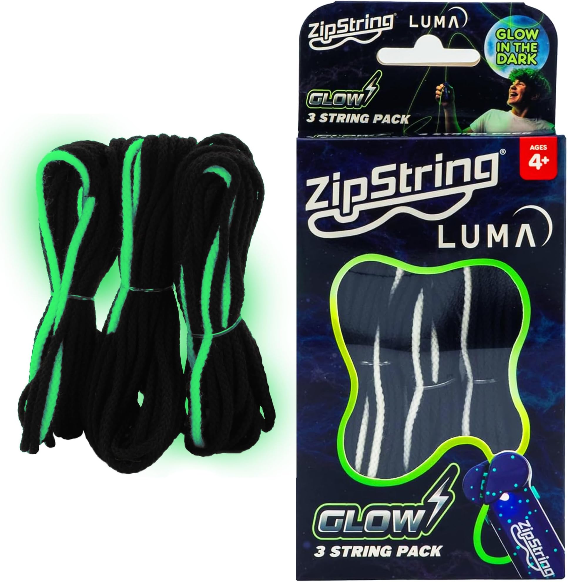 ZipString Lightning Luma Replacement Strings for Rope Launcher Toy โ Pack of 3 โ UV Reactive Glow in The Dark Fidget for Kids & Adults โ Shark Tank Featured โ Device Not Included