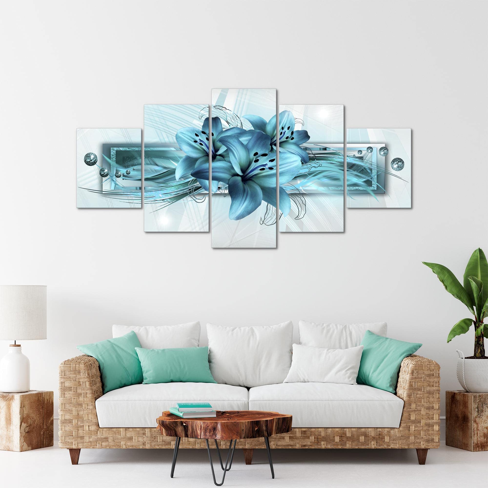 Runa Art - Tableau Lis Fleurs 200 x 100 cm 5 Parties XXL Decoration Murale Dessin Turquoise 008751a