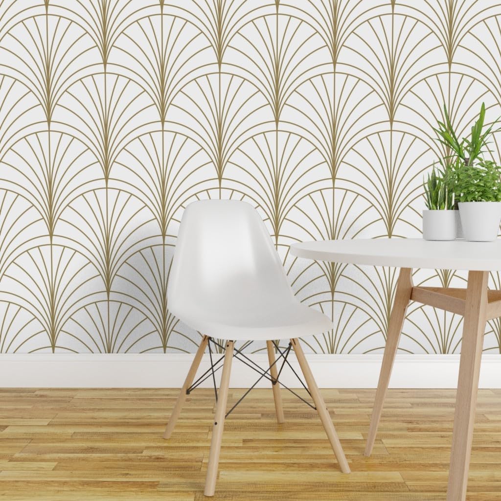 Removable Wallpaper 6ft x 2ft - Floral Gold White Art Deco Nouveau Minimal Vintage Geometric Custom Pre-Pasted Wallpaper by Spoonflower
