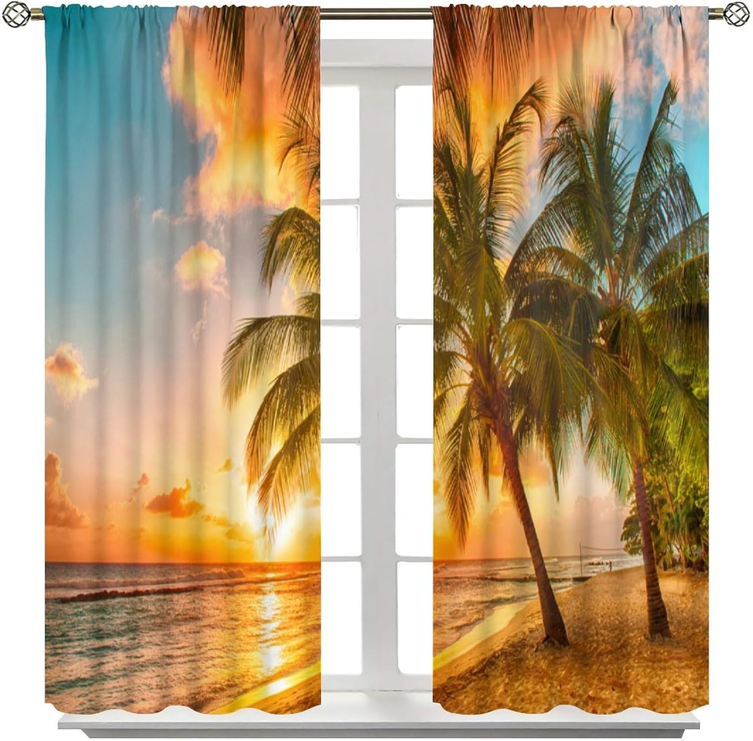 Tropical Beach Curtains, Ocean Beachy Sunset Palm Tree Sea Seaside Landscape Rod Pocket Blackout Window Treatments for Living Room Bedroom, 52" W X 84" L