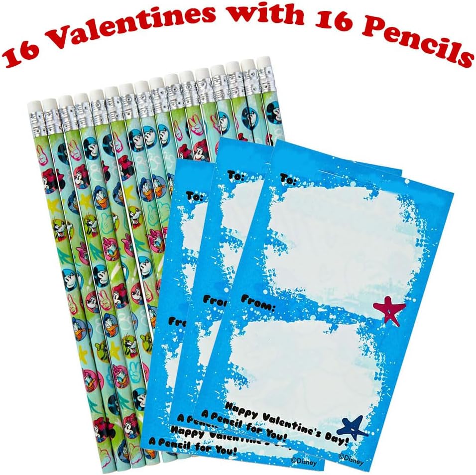 Disney Mickey & Friends Valentine Exchange Cards with Pencils, 16 Pack Classroom Valentines for Kids, Valentine’s Day Party Supplies
