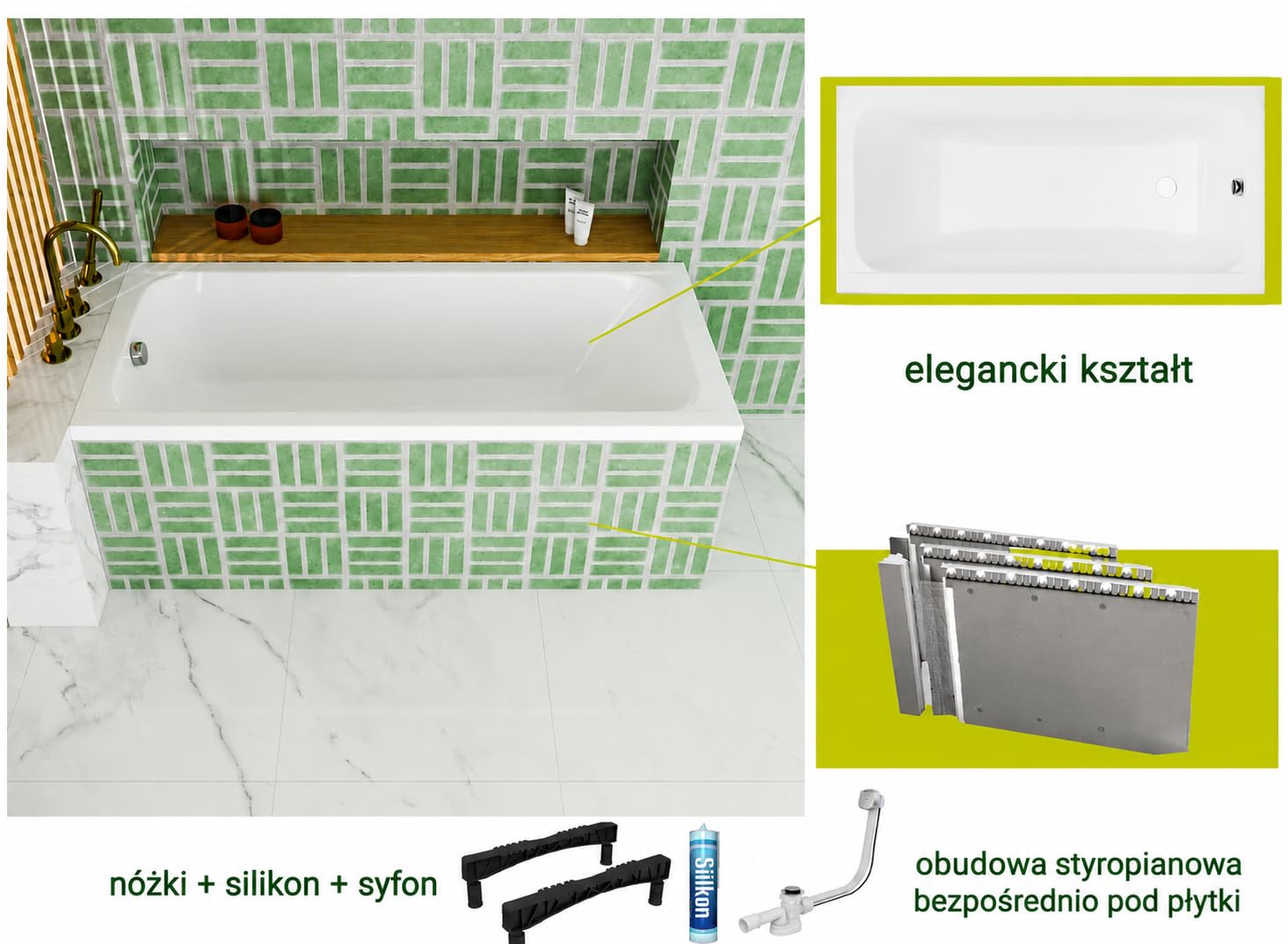 Wanna ECOLAM Basic 170x75 cm + wyściółka styropianowa do układania płytek | Nowoczesna wanna prostokątna, najwyższej jakości wanna akrylowa | Kompletny zestaw z odpływem, nóżkami i silikonową obudową