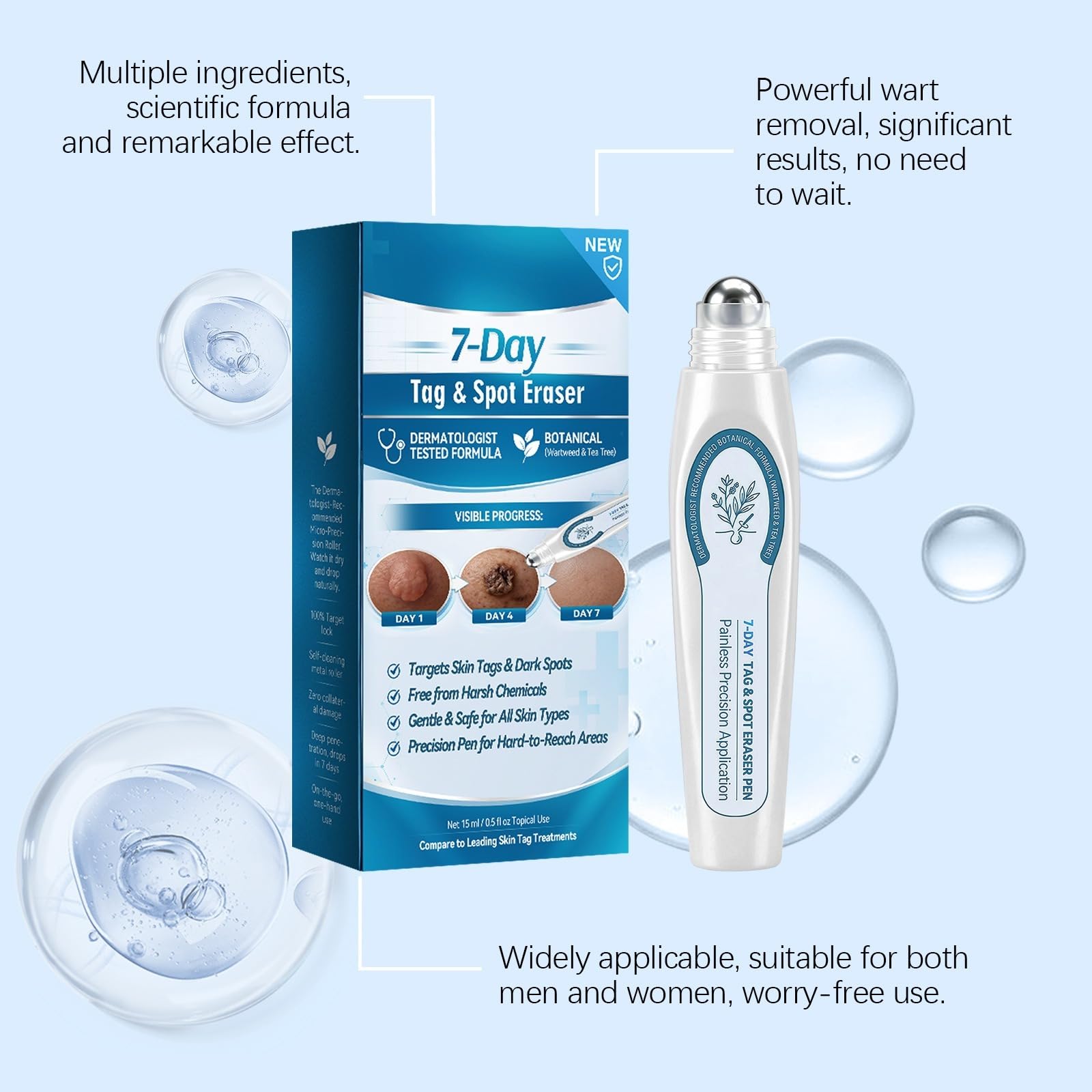Eraser 7 giorni escrescenze e macchie – Roller gel naturale, uomo/donna. | per la cura della pelle Stimola il rinnovamento della pelle: Formula botanica con olio di tea tree e vitamina E.