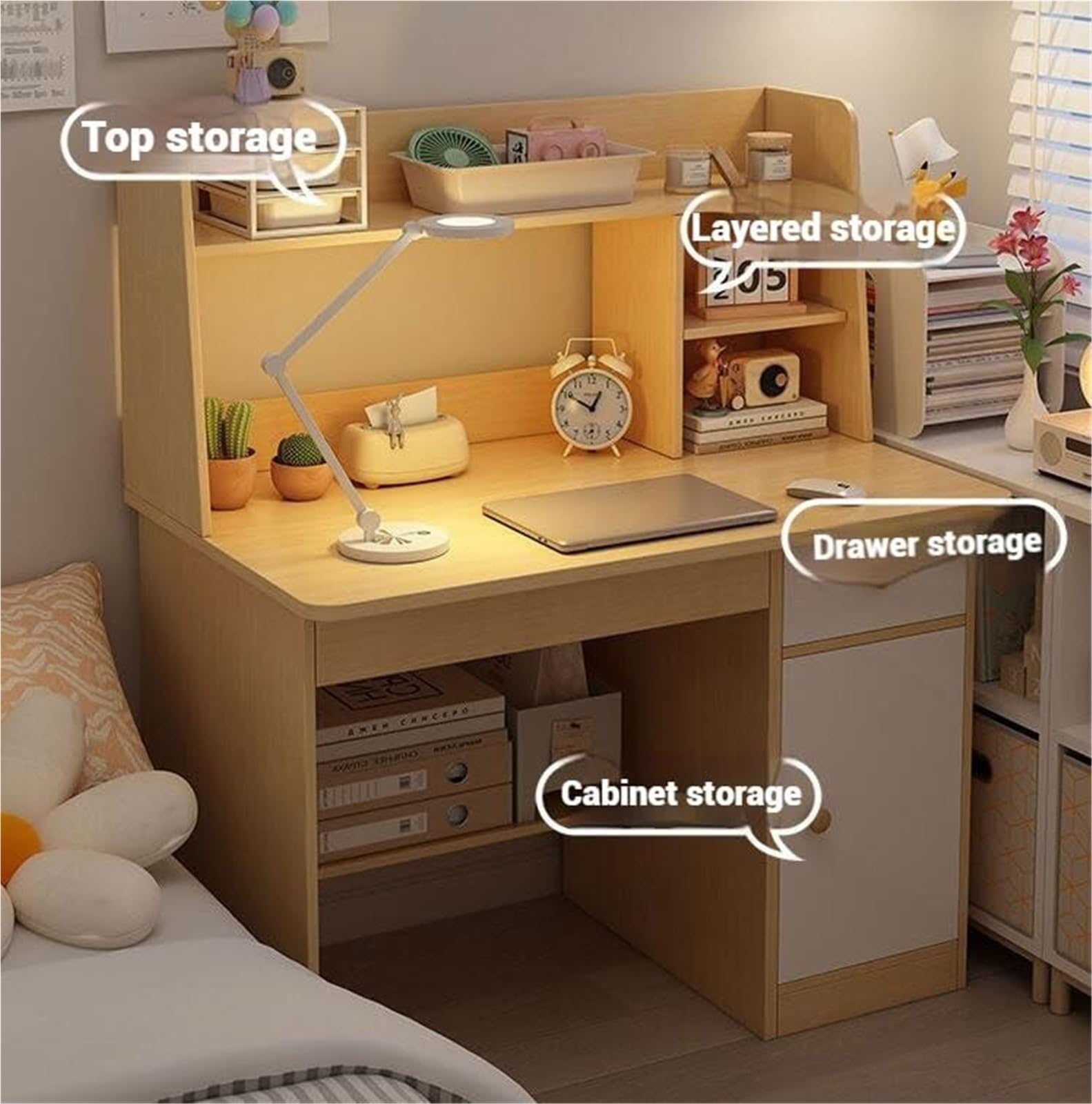 Escritorio Infantil Rosa con Estantería y Cajón, Mesa de Estudio Compacta con Armario y Baldas, Ordenador para Niños y Adolescentes, Mueble de Estudio que Ahorra Espacio para Dormitorio o Habitación