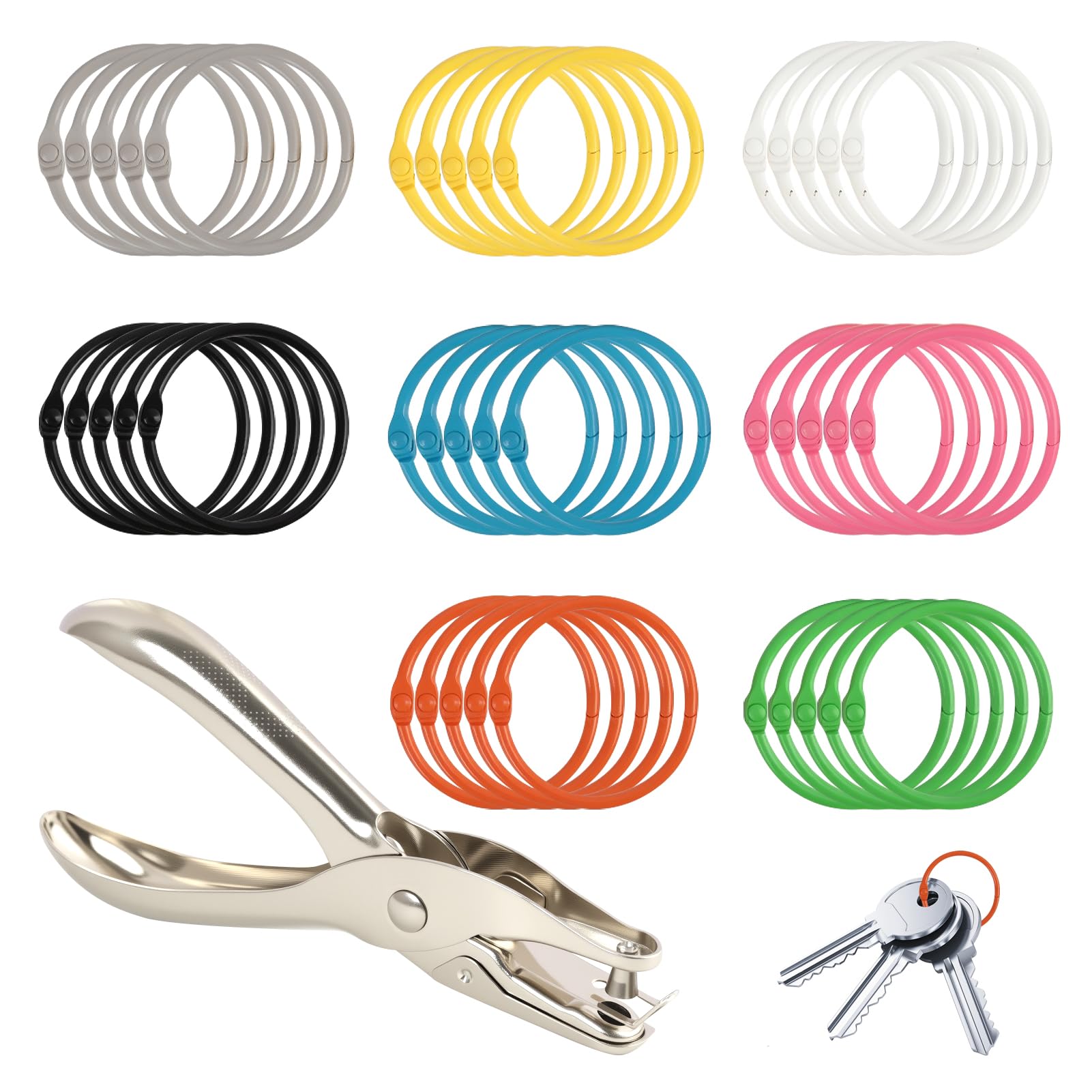 LUCTHY 40PCS Binder Rings 45mm with Mini Hole Punch, Colourful Metal Loose Leaf Book Rings, Snap Closure Binding Rings for Flash Cards, Index Cards, Keyrings, Crafts, School & Office (45mm)