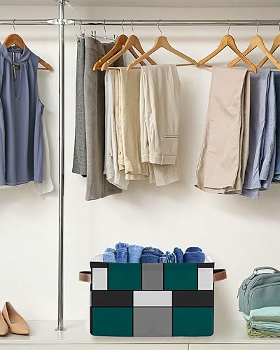 Miniatura 5 de Cesta de almacenamiento geométrica gris turquesa para organizar estantes, cajas de almacenamiento plegables con asa, cesta de lona moderna blanca