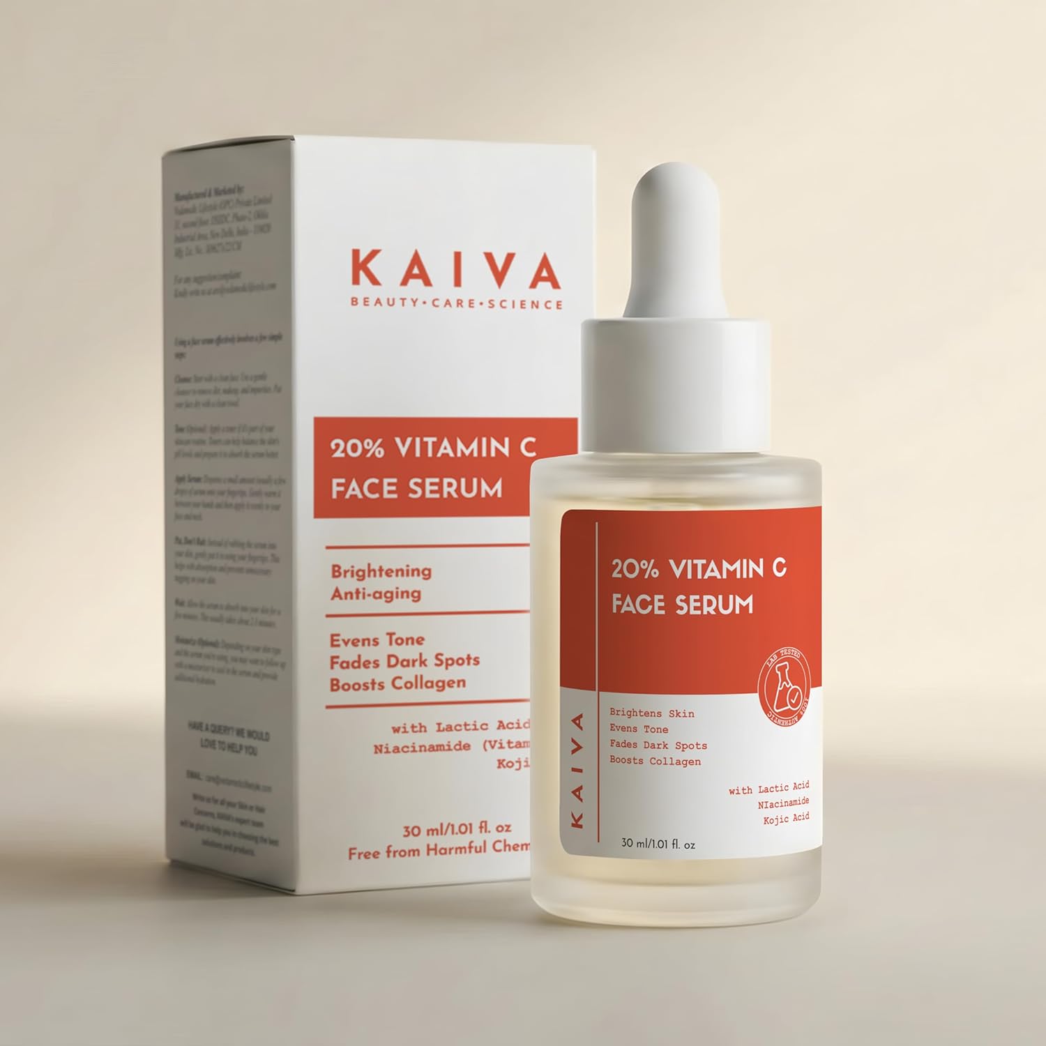 KAIVA 20% Vitamin C Serum for Face, with Niacinamide, Hyaluronic acid & Kojic acid face serum, For Skin Brightening, Vitamin C serum for oily skin, Vitamin c face serum for women and men 30 ml KAIVA 20% Vitamin C Serum for Face, with Niacinamide, Hyaluronic acid & Kojic acid face serum, For Skin Brightening, Vitamin C serum for oily skin, Vitamin c face serum for women and men 30 ml