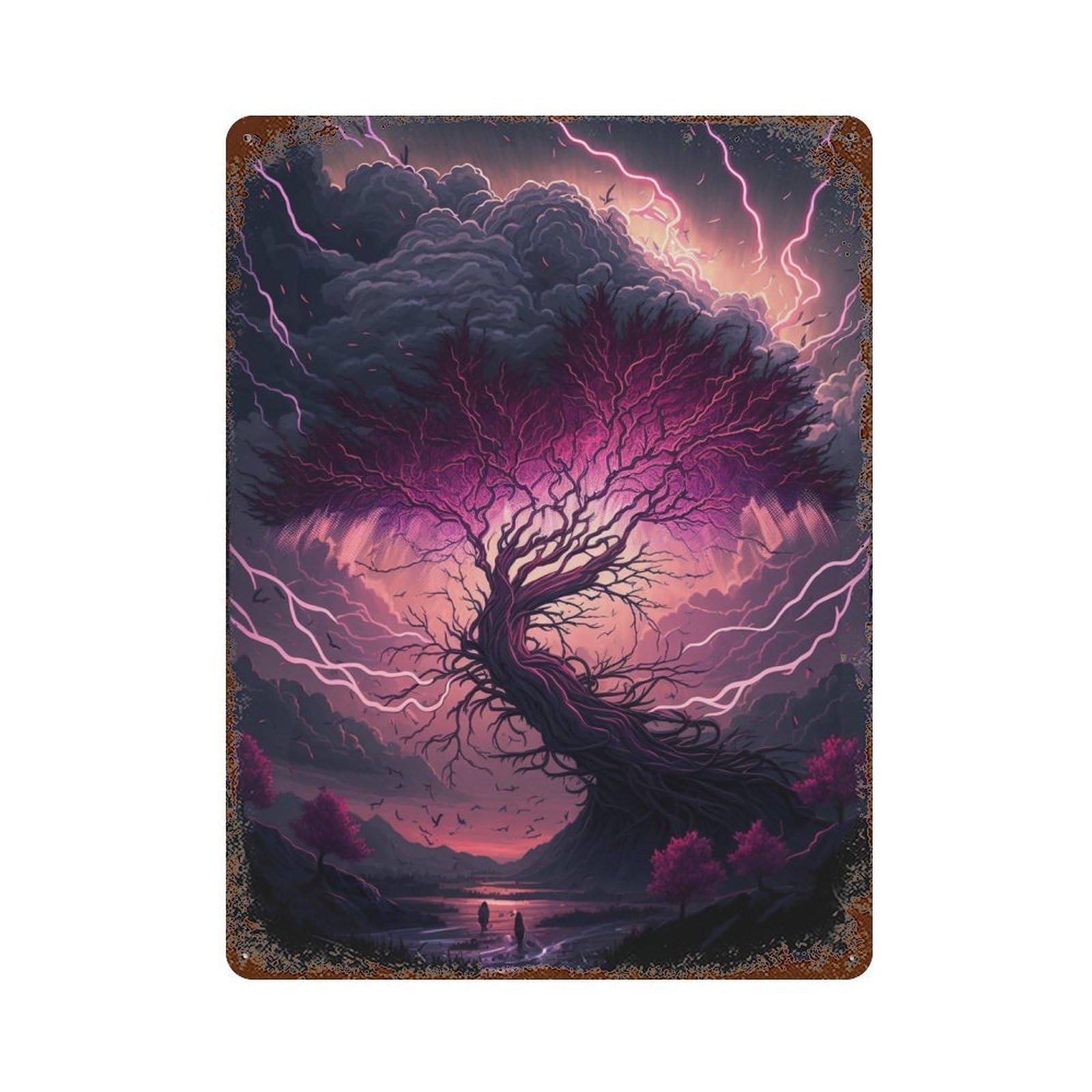 Thunderstorm Tree Landscape -1 Rust Effect Tin Sign 15.7"x11.8", Industrial Home Decor for Basement, Hobby Room And Garage Decor