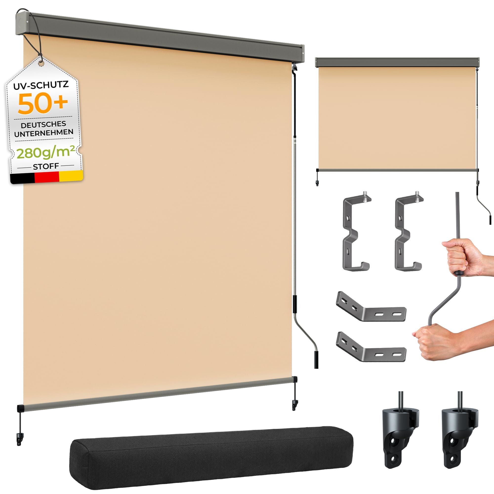 HOMEDEMO Senkrechtmarkise Außen, Außenrollo Vertikalmarkise Balkonrollo Markise mit Handkurbel und Kassette, Sichtschutz Sonnenschutz wetterfest, Balkon & Terrasse, inkl.Abdeckung