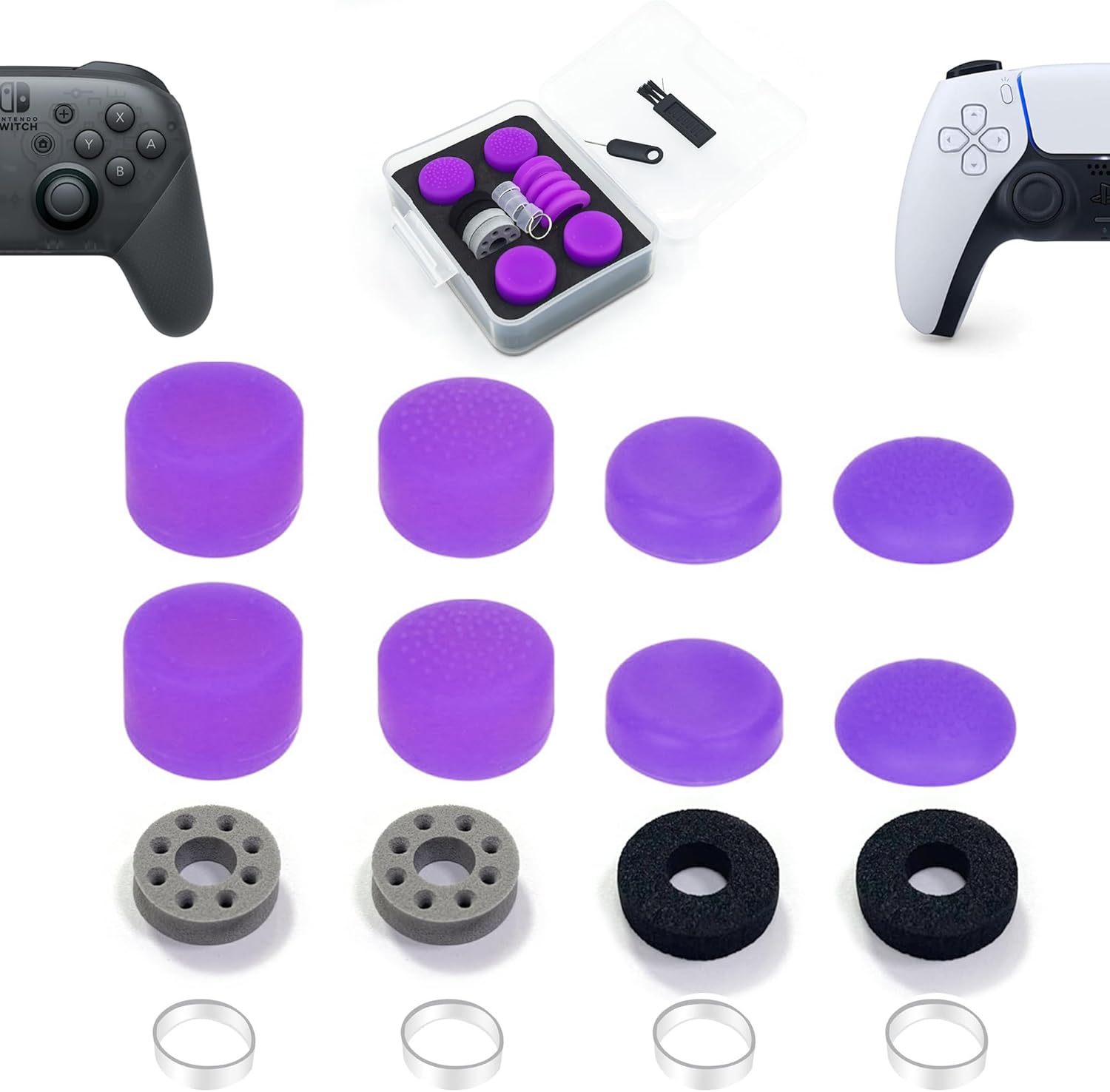 FPS Thumb Grip Gamepad Raised Antislip Thumb Stick Grips Thumbsticks Joystick Cap for PS5/4,Switch Pro Con-Precision Rings,Assist Rings,Storage Case(16pcs),Purple Set