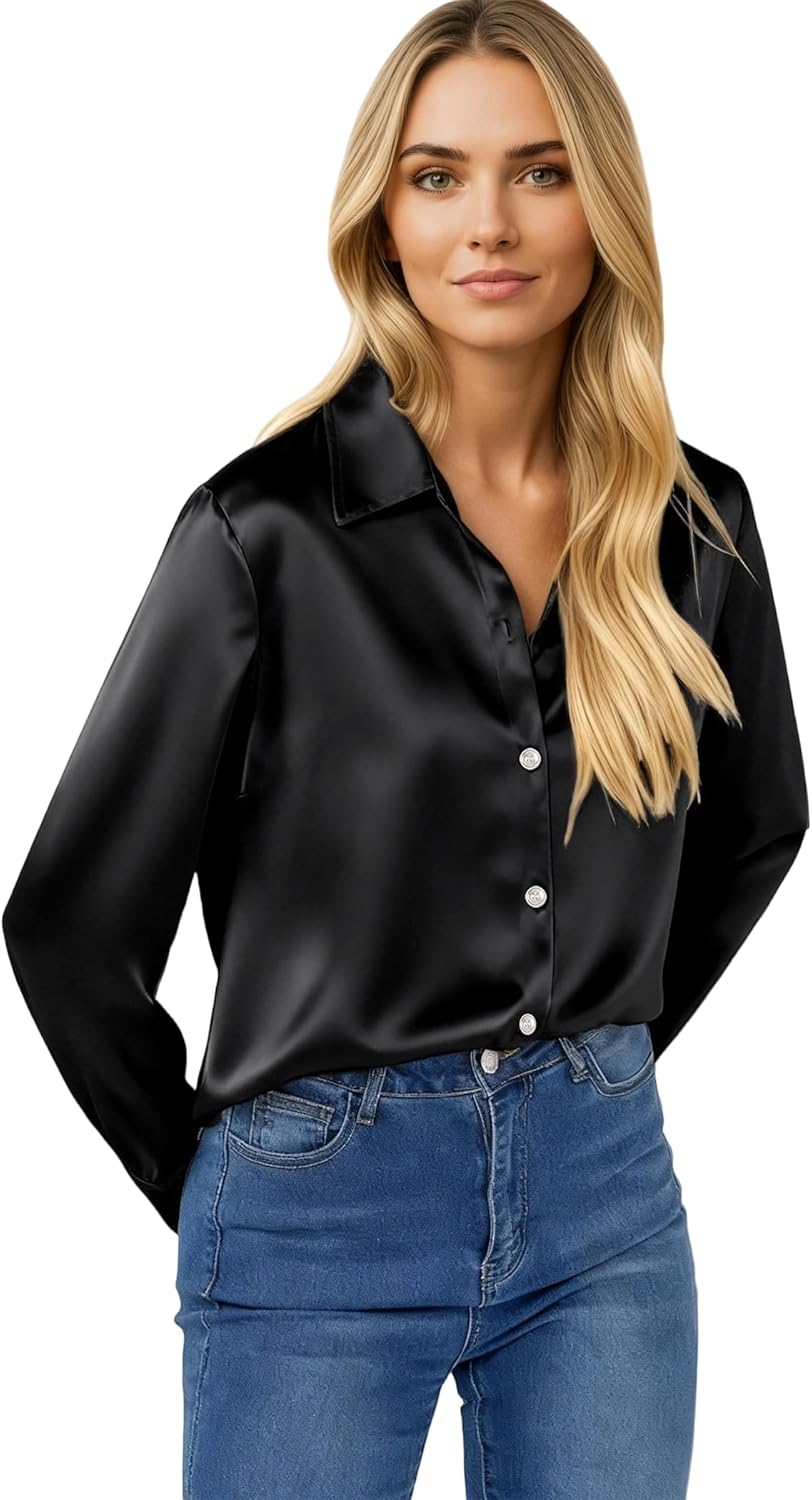 Satin Shirts for Women, Silk Blouses for Women Dressy Elegant Satin Button Down Shirts Holiday Tops Christmas Party Outfits - Image 3
