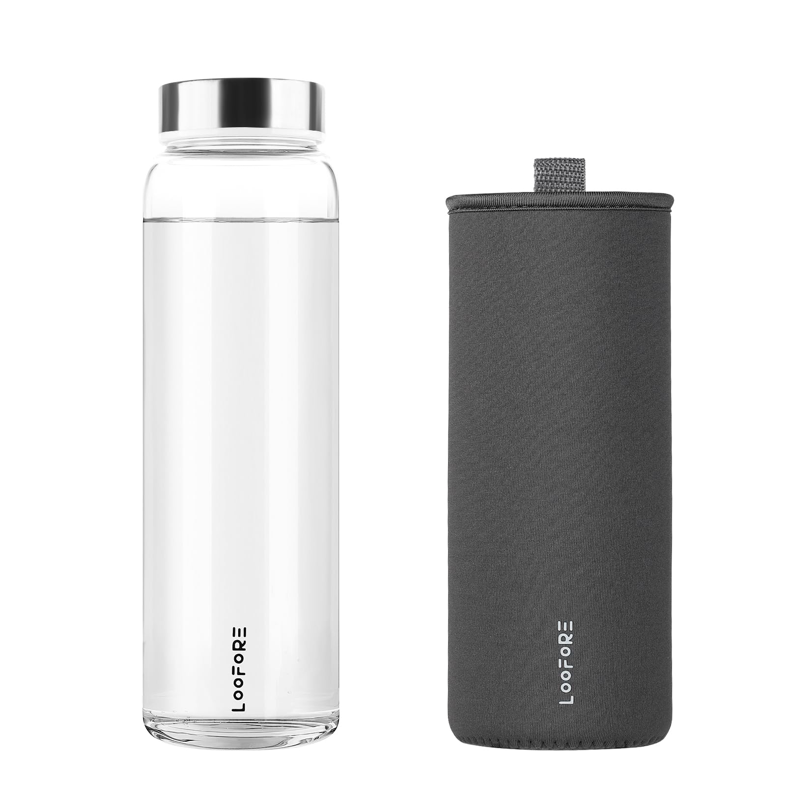 LOOFORE Glass Water Bottle 1000ml 1L with Wide Mouth and Neoprene Sleeve