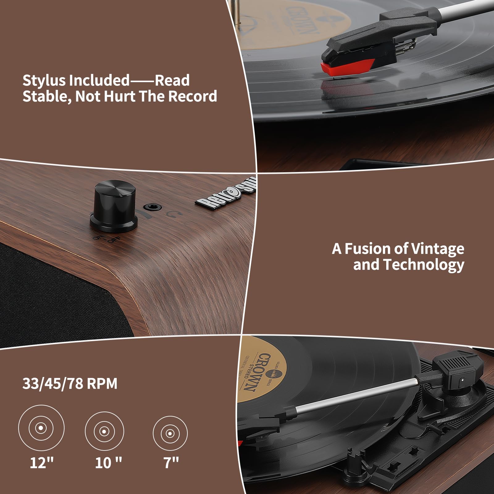Lettore di dischi, giradischi Bluetooth a 3 velocità con altoparlanti integrati, radio FM, codifica Vinyl-MP3, riproduzione USB e SD, schermo LED, lettore di LP retrò in legno